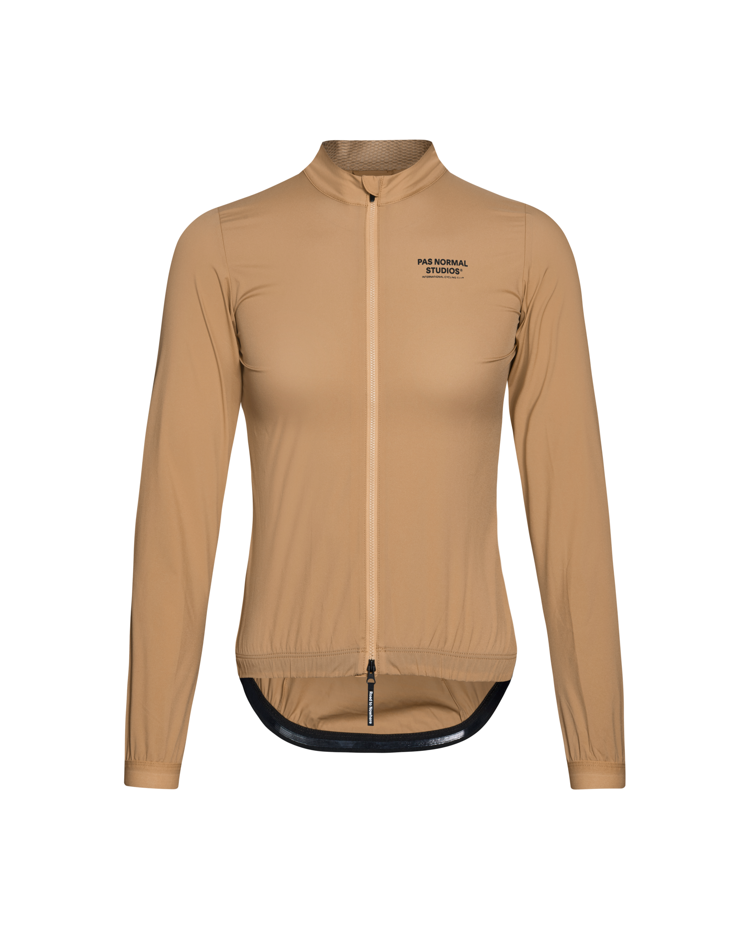 Camel Mechanism Stow Away cycling jacket, front view with full zip and mesh collar