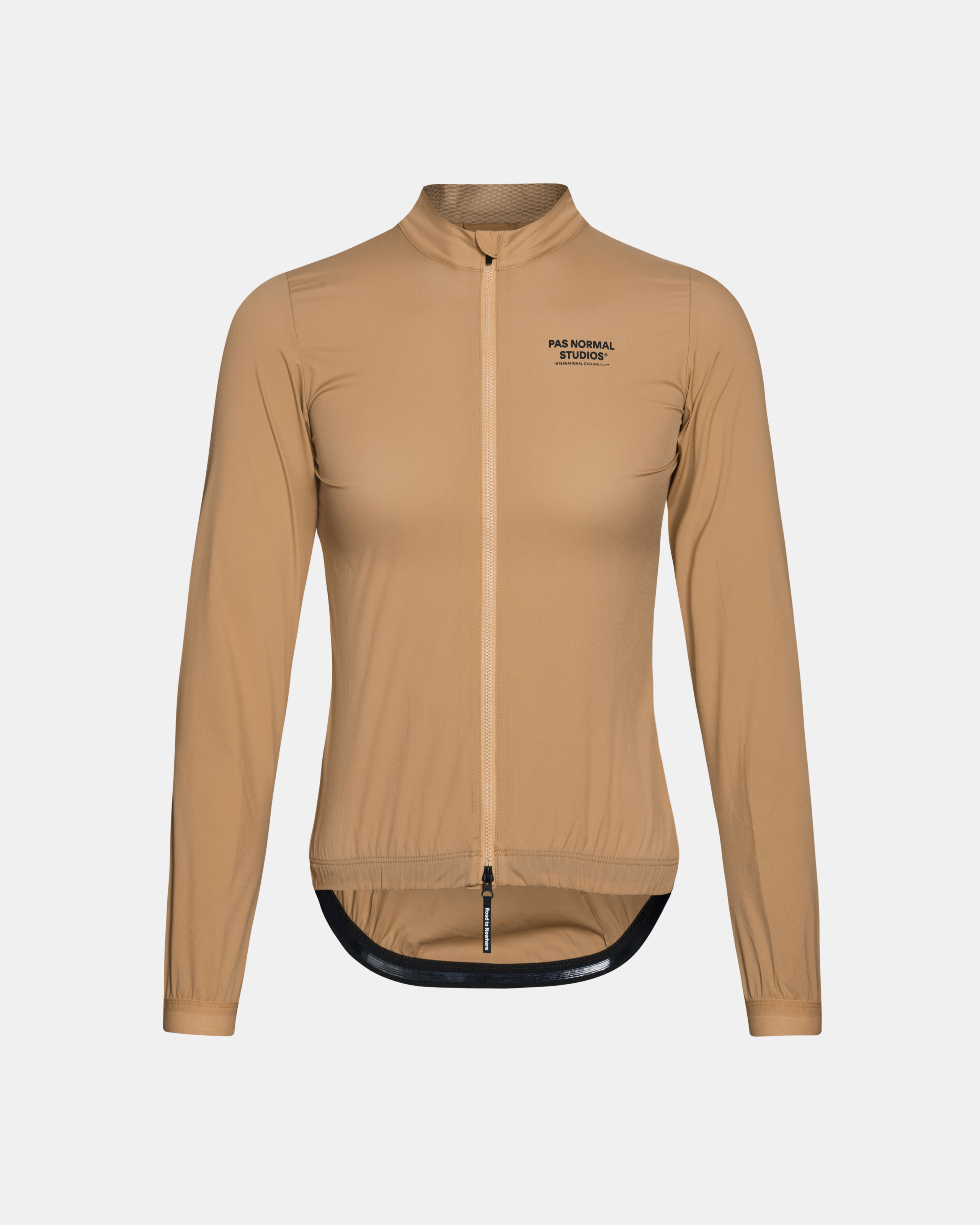 Camel Mechanism Stow Away cycling jacket, front view with full zip and mesh collar