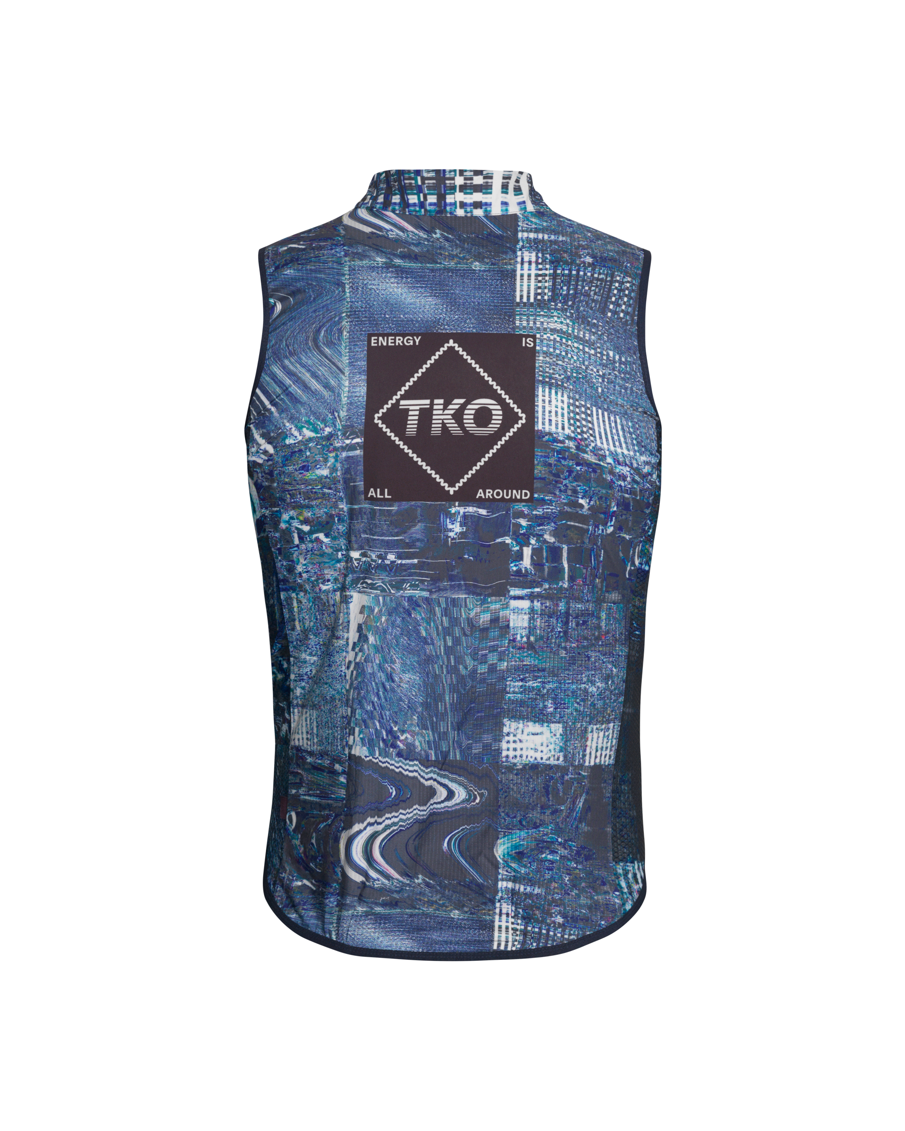 Human Error Blue T.K.O. Mechanism Stow Away cycling gilet, rear flat lay with all-over print and back logo patch
