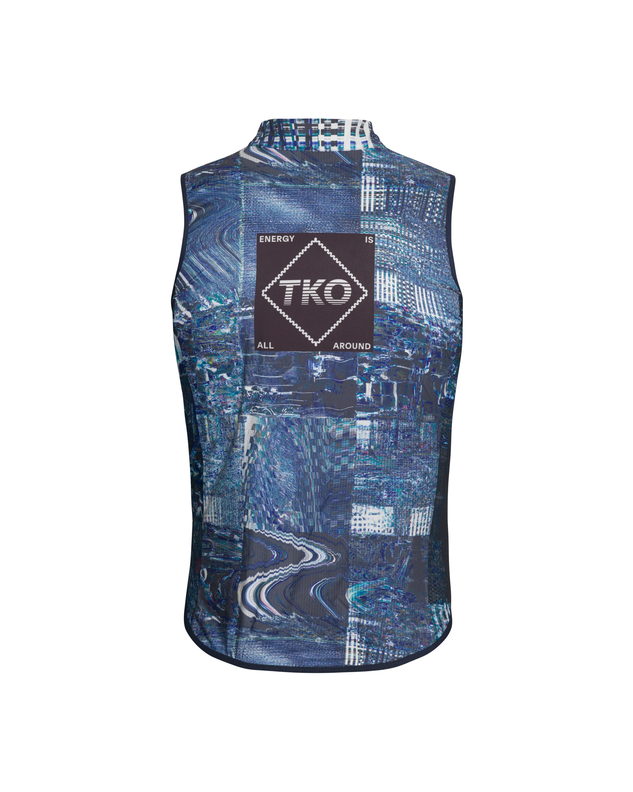 Human Error Blue T.K.O. Mechanism Stow Away cycling gilet, rear flat lay with all-over print and back logo patch