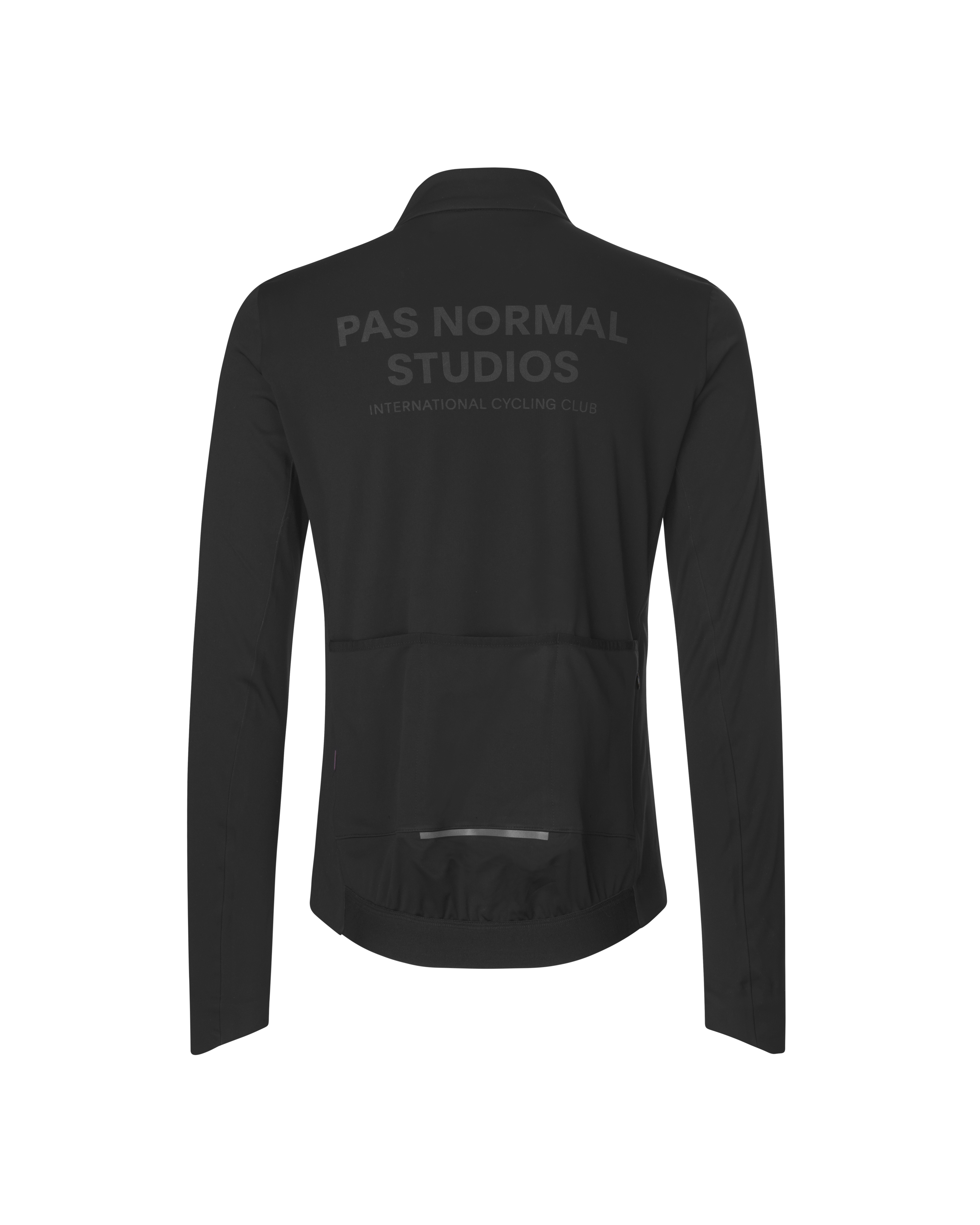 Black Essential Thermal cycling jacket, rear flat lay with tonal back print and rear pockets