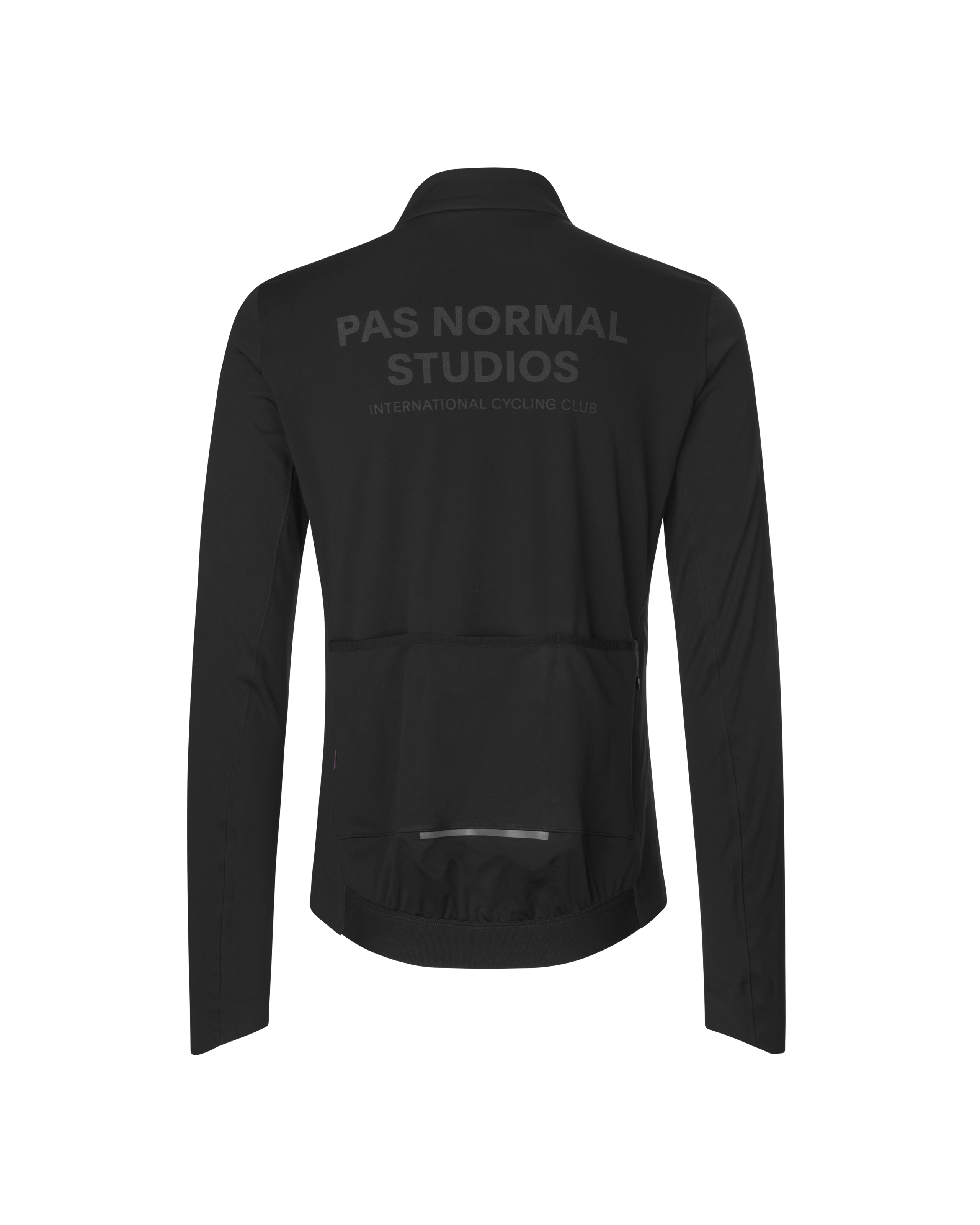 Black Essential Thermal cycling jacket, rear flat lay with tonal back print and rear pockets