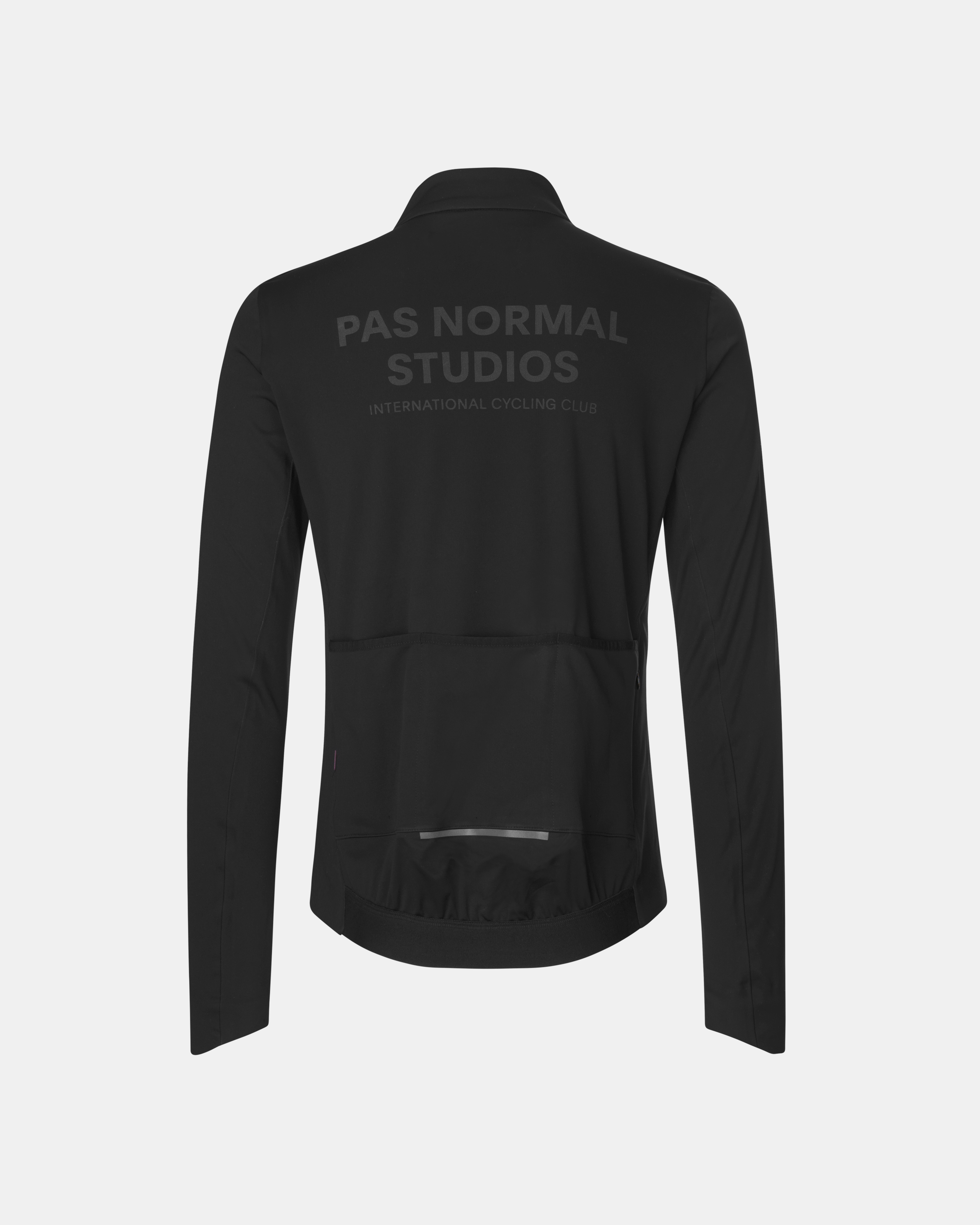 Black Essential Thermal cycling jacket, rear flat lay with tonal back print and rear pockets