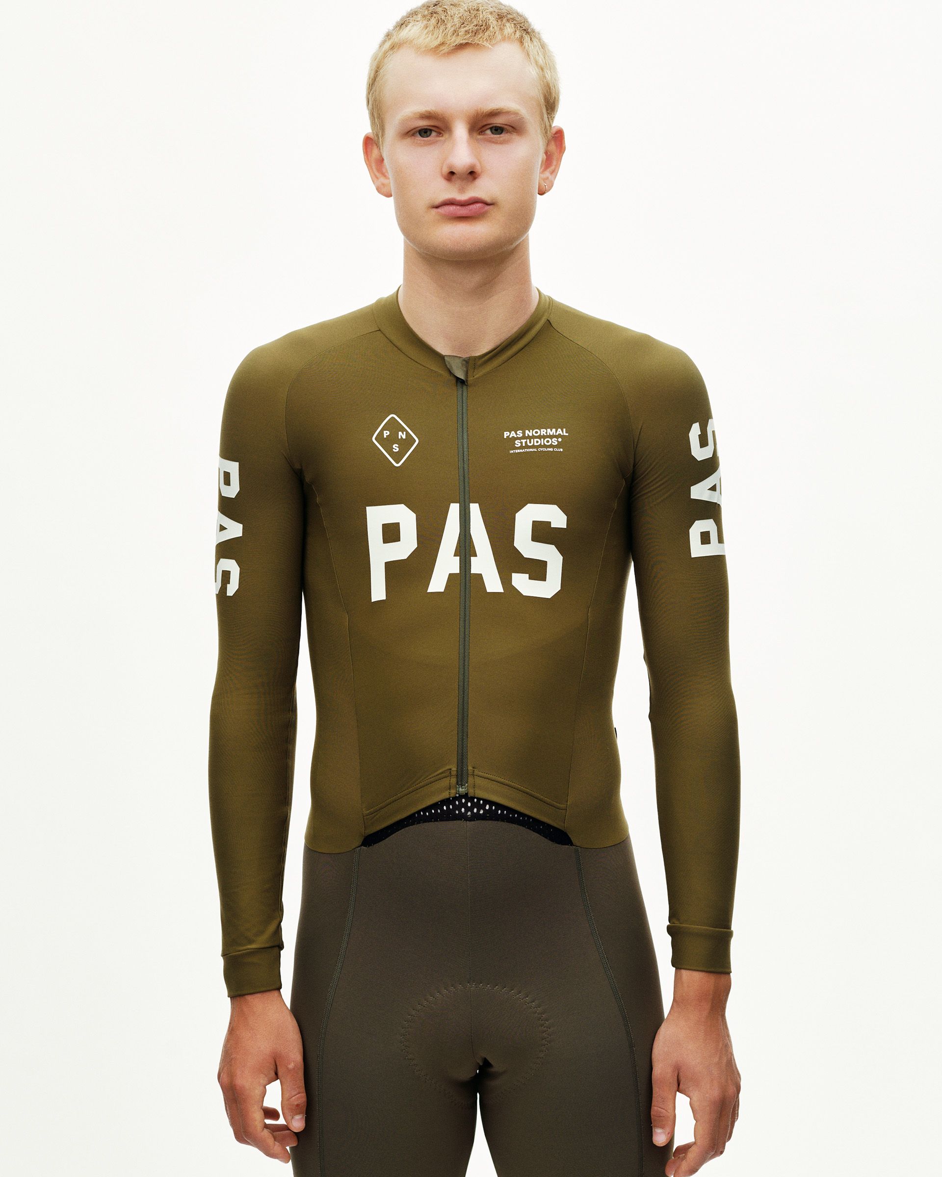 Moss Brown PAS Thermal Speedsuit on model, front view with white chest logo and full-length zip