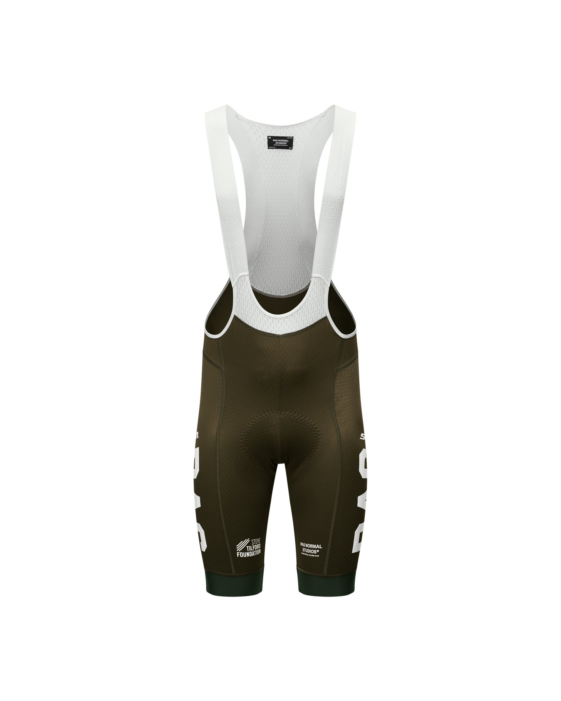 Dark Olive STFR Mechanism bibs, front flat lay with white contrast straps