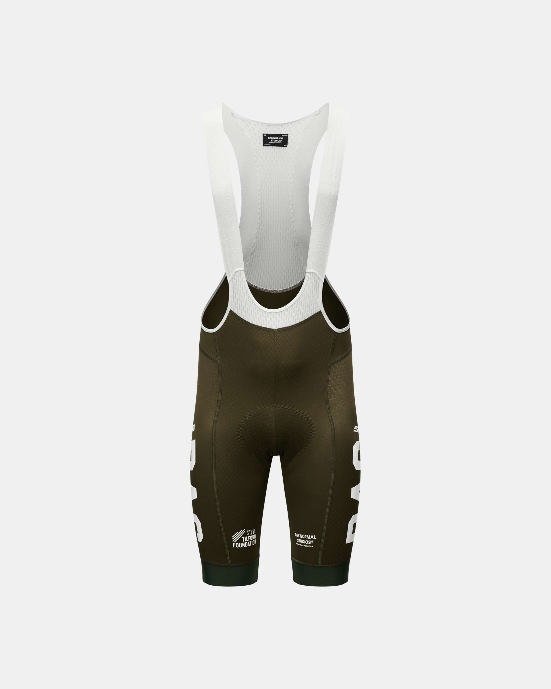 Dark Olive STFR Mechanism bibs, front flat lay with white contrast straps