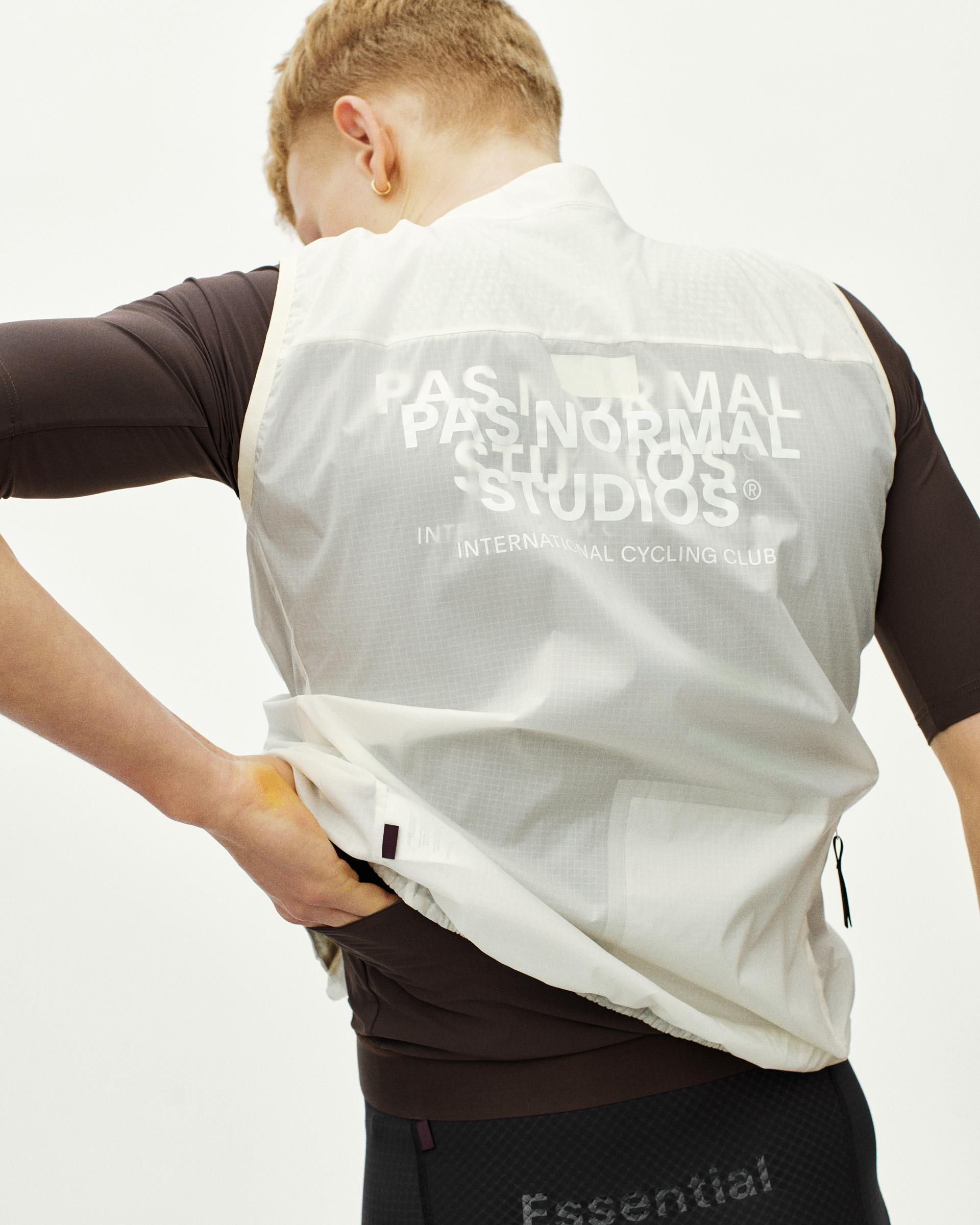 Off White Essential Insulated gilet on model, rear view with white logo print