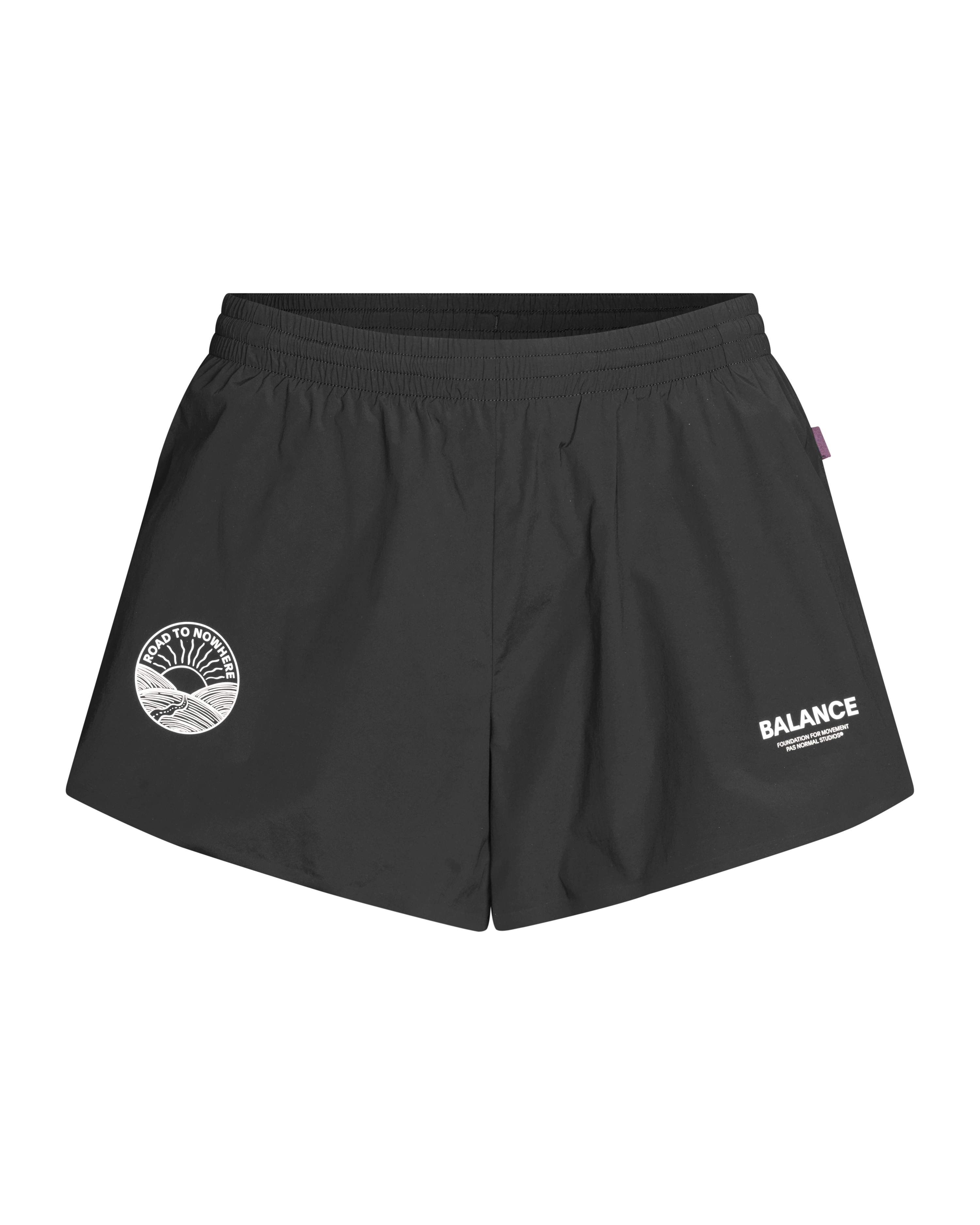 Black Balance shorts, front flat lay with elastic waistband and white logo prints