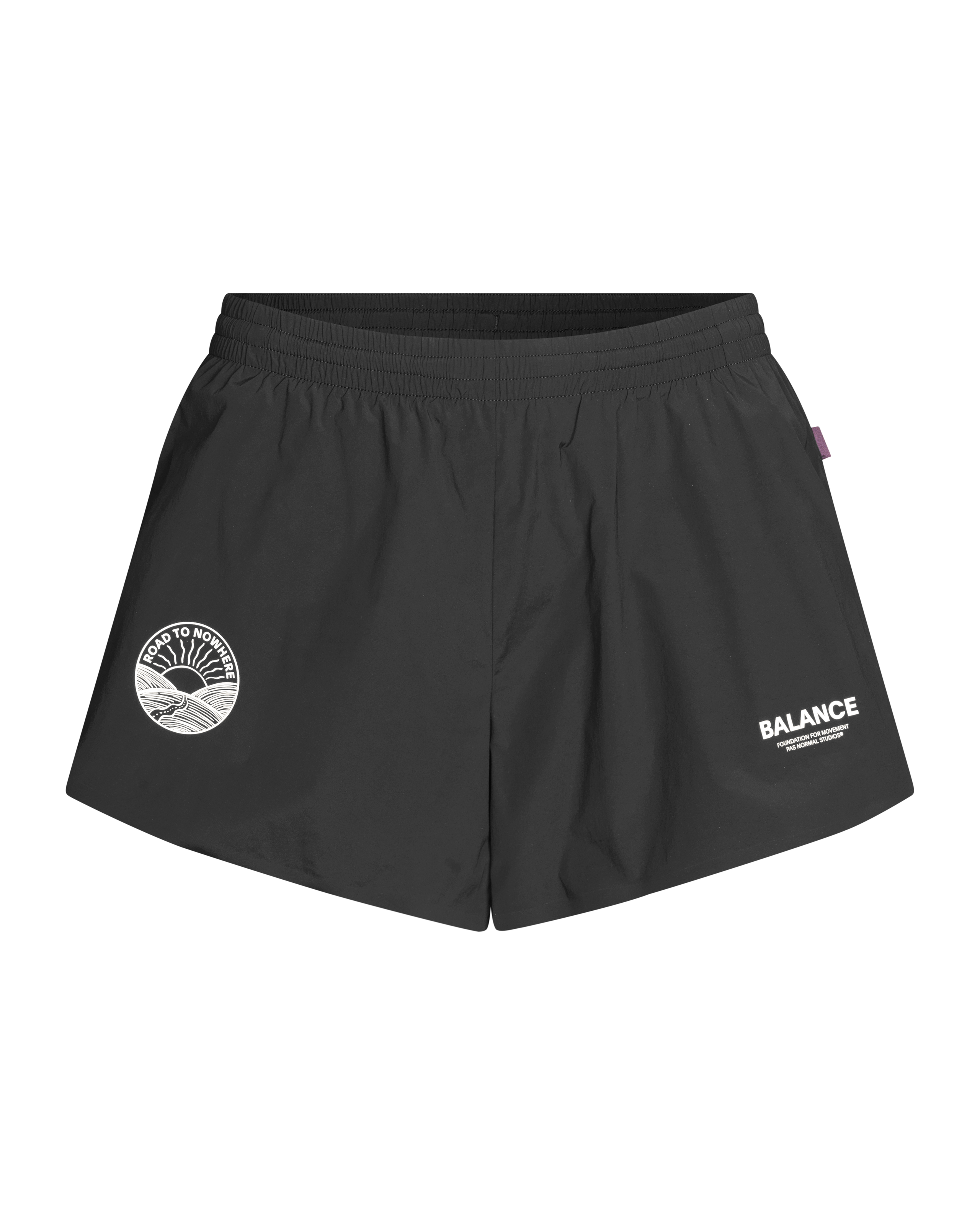 Black Balance shorts, front flat lay with elastic waistband and white logo prints