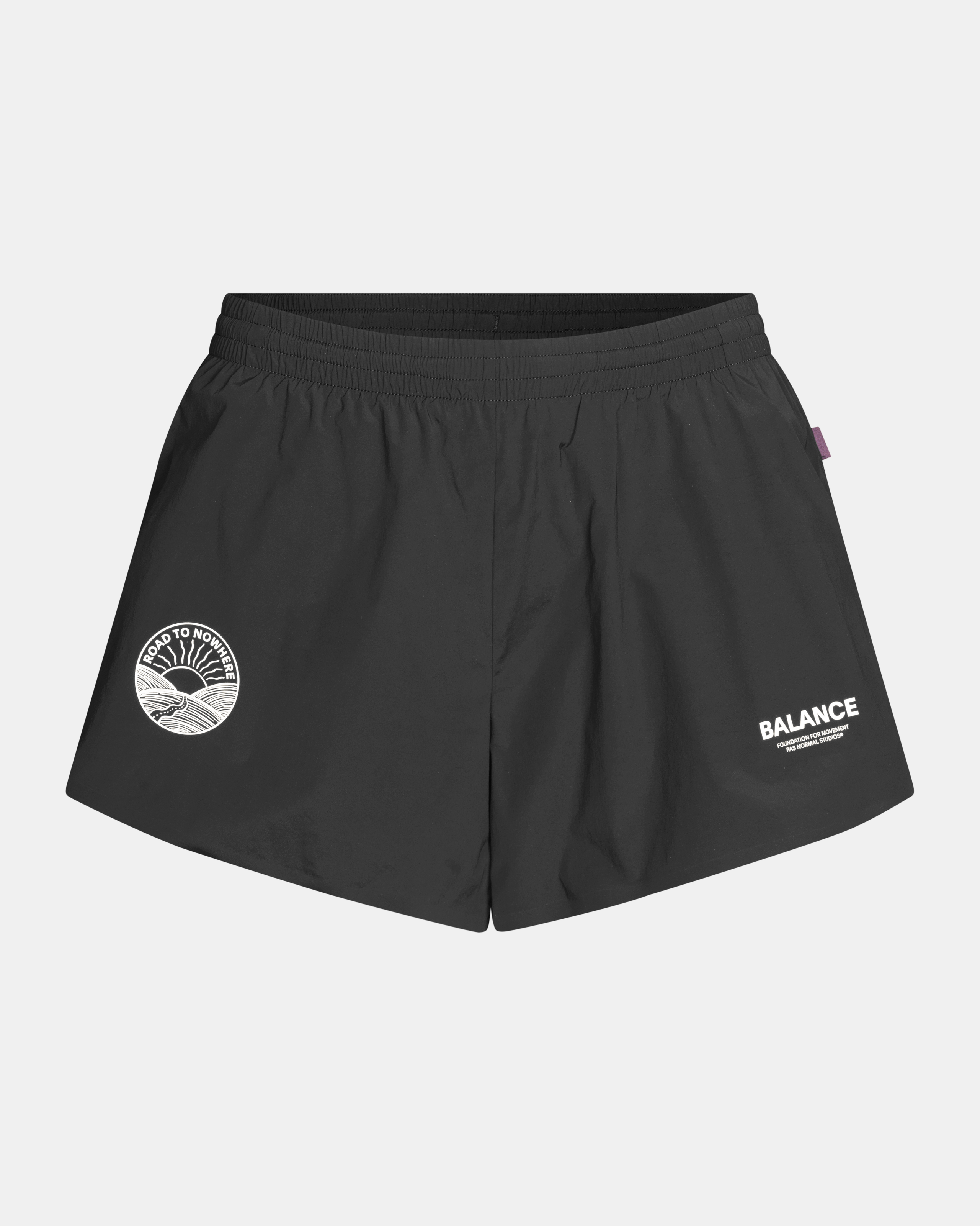 Black Balance shorts, front flat lay with elastic waistband and white logo prints