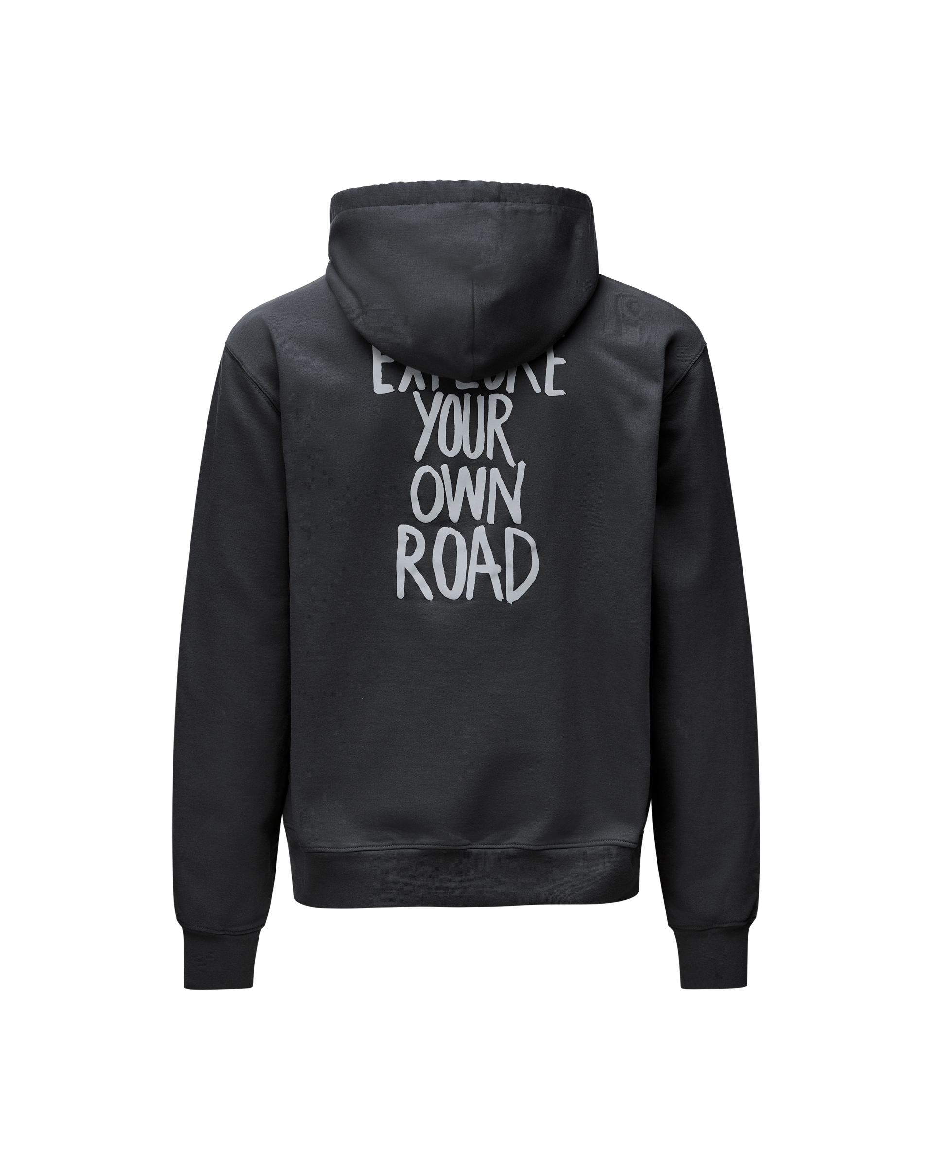 Dark Navy Off-Race Graphic hoodie, rear view with white text print