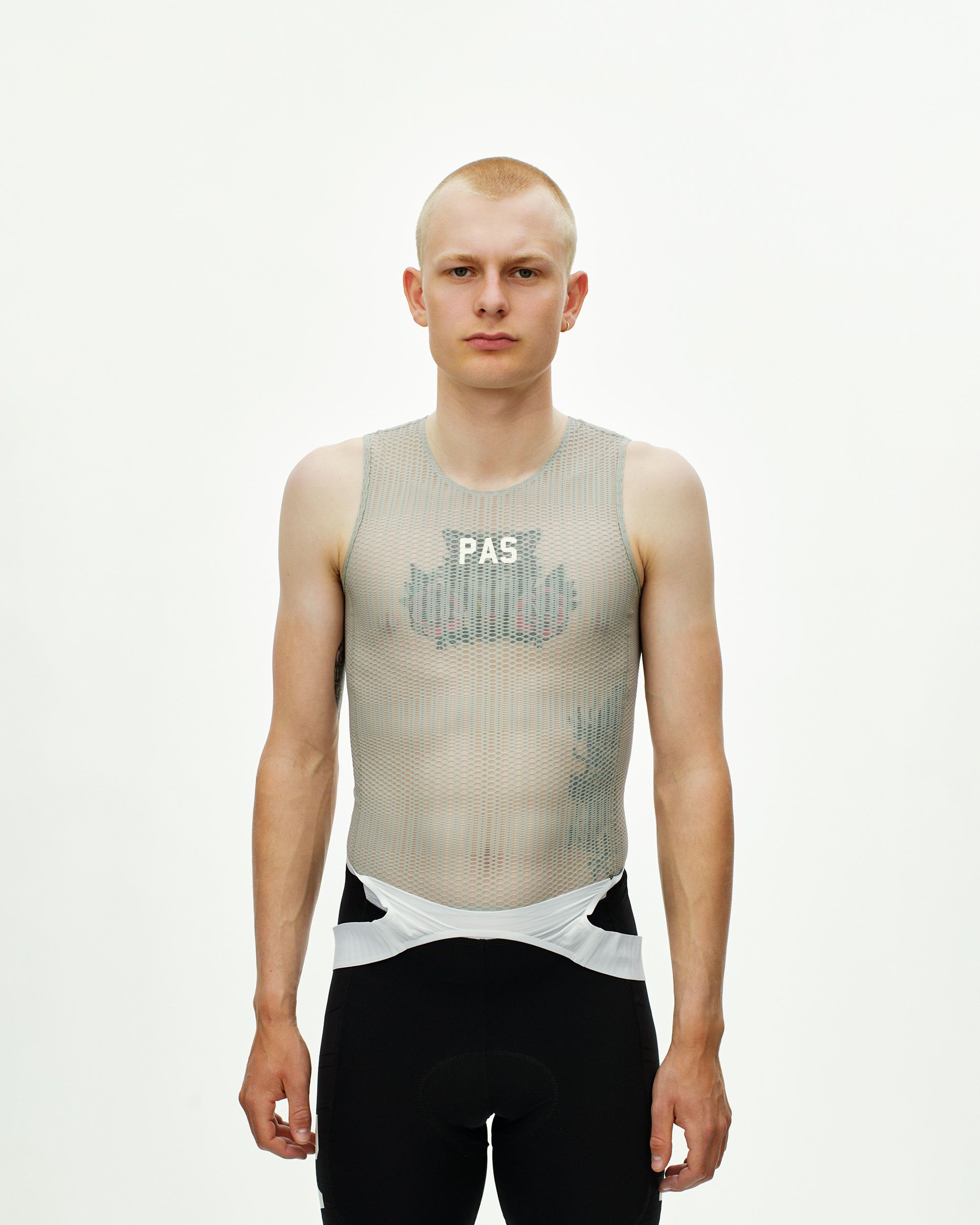 Light Grey PAS Mechanism Pro Sleeveless cycling baselayer on model with mesh construction