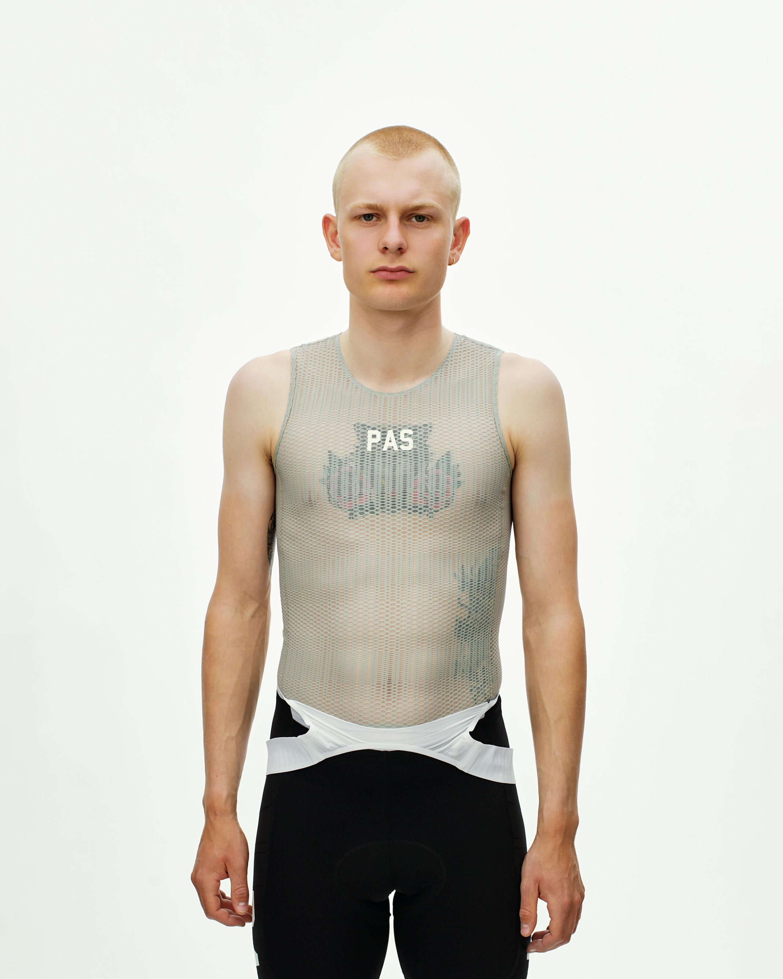 Light Grey PAS Mechanism Pro Sleeveless cycling baselayer on model with mesh construction