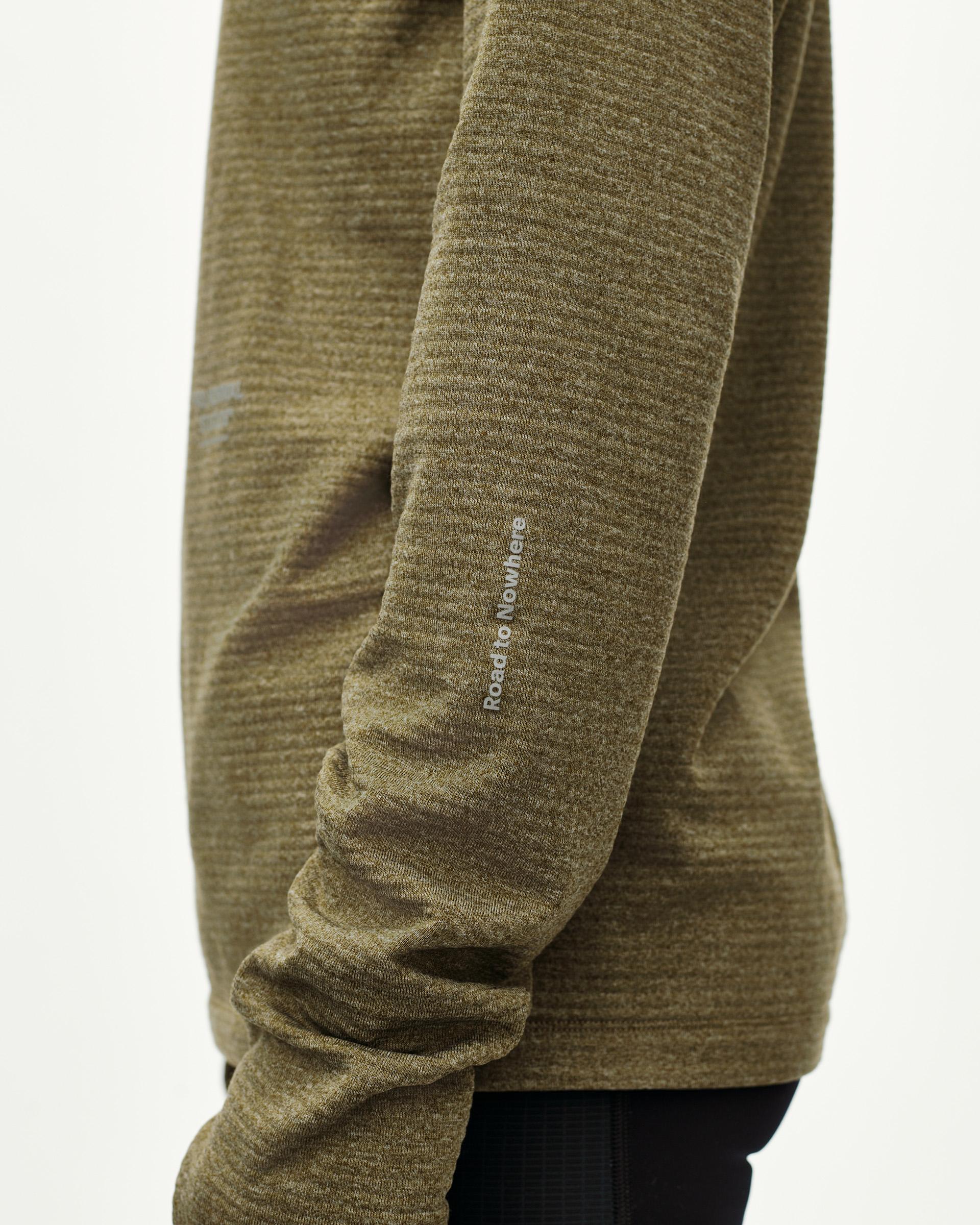 Moss Brown Balance Thermal Hoodie, sleeve detail on model with Road to Nowhere text print