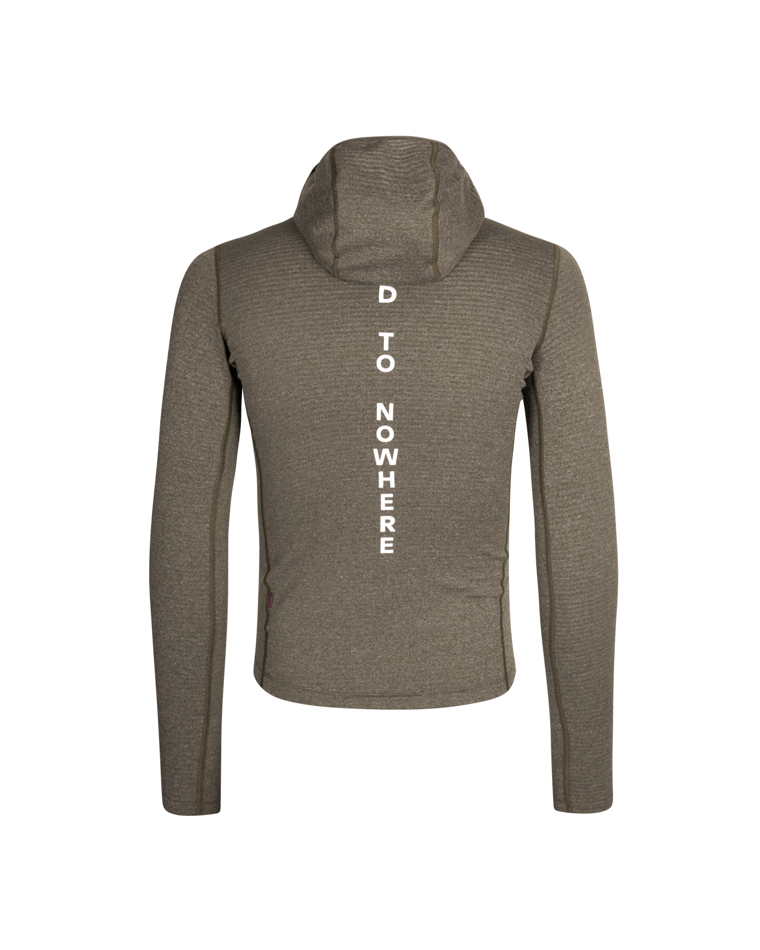 Grey Thermal Hooded Windproof base layer, front view with vertical white text print