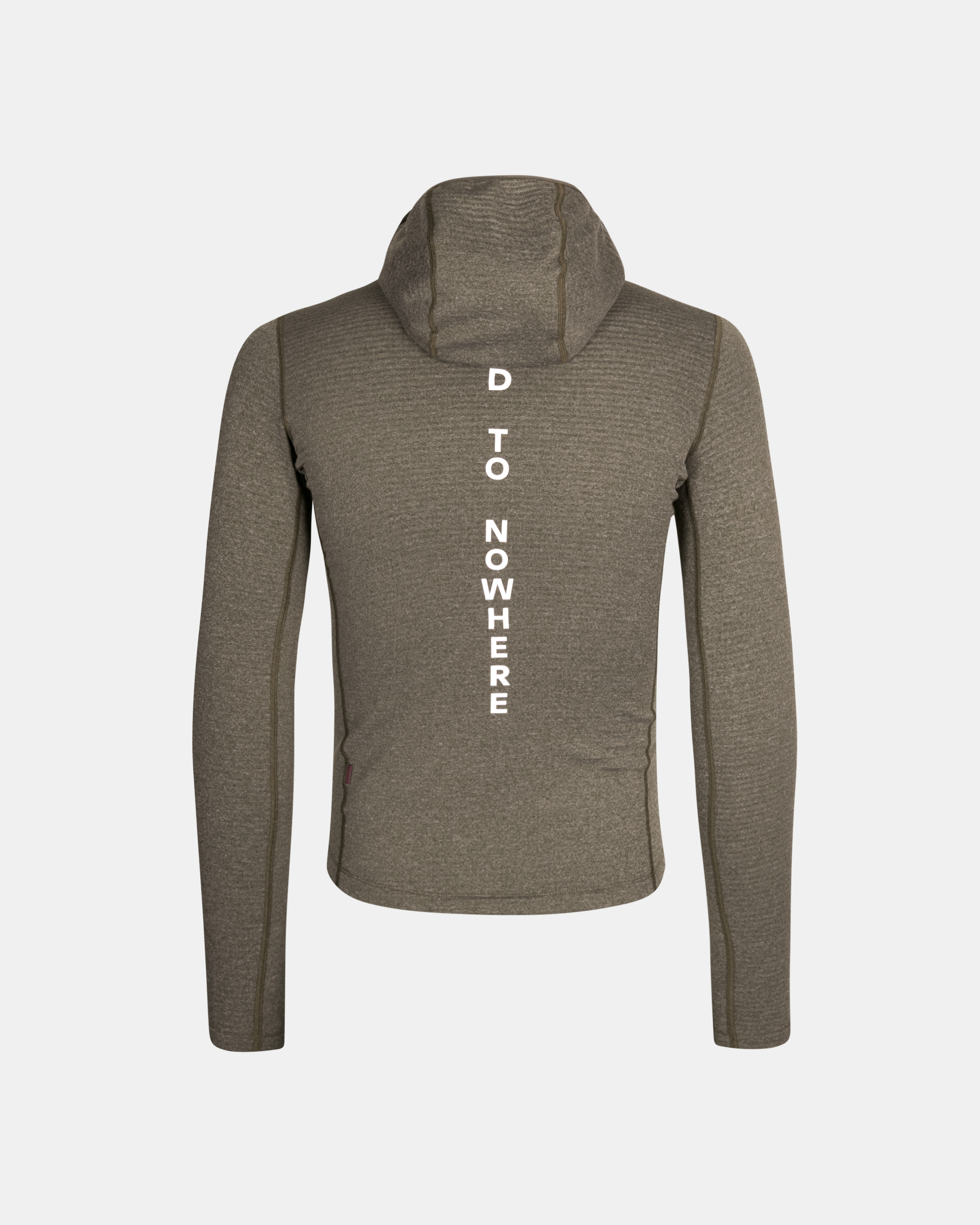 Grey Thermal Hooded Windproof base layer, front view with vertical white text print