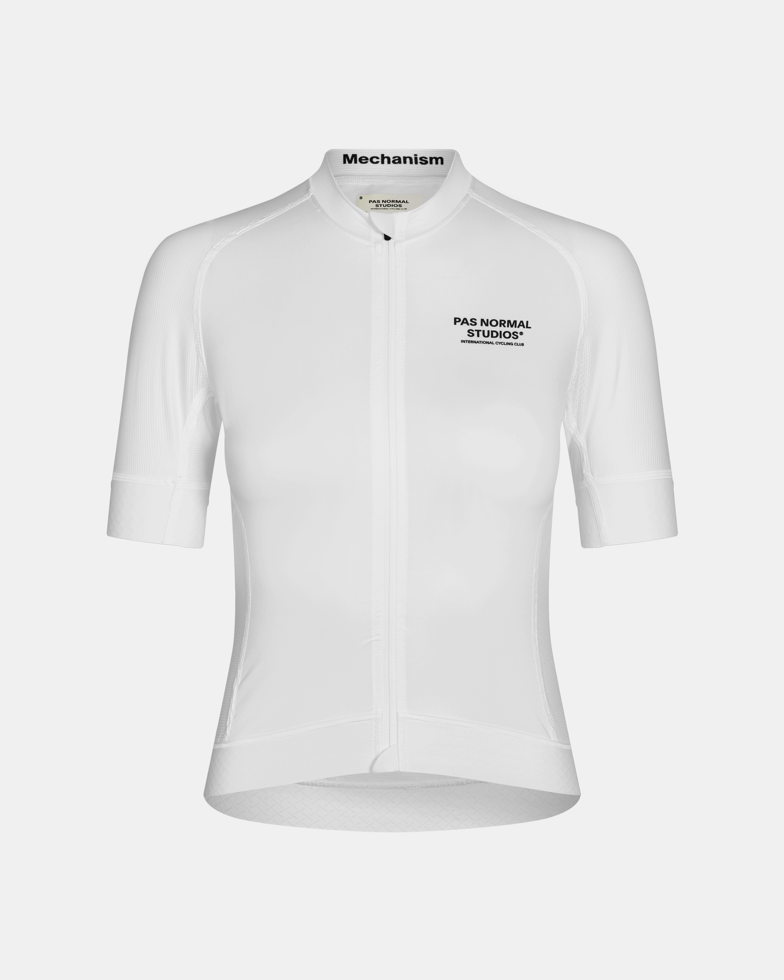 White Mechanism cycling jersey, front view with black chest logo