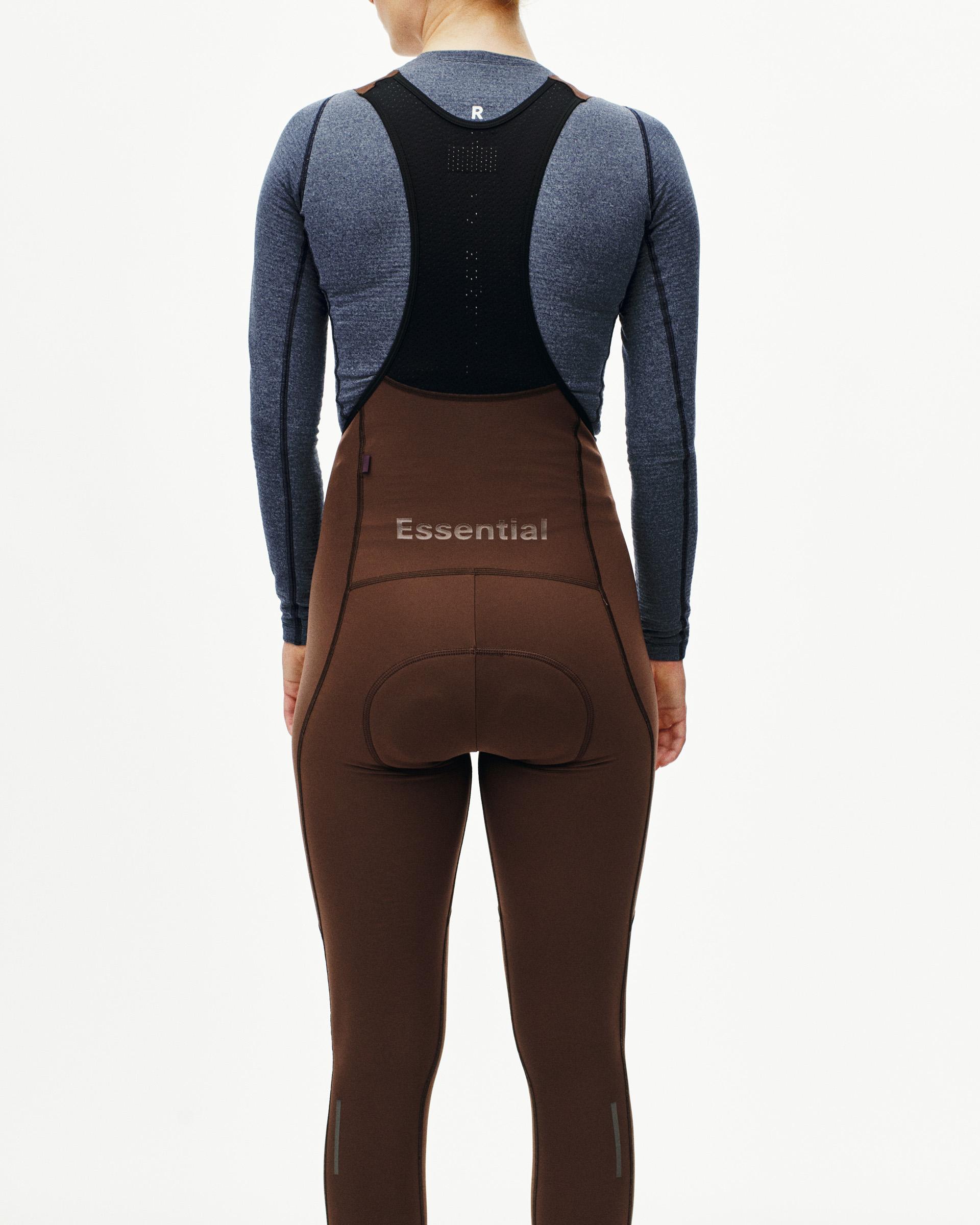 Brown Essential Thermal Long bibs on model, rear view with black mesh bib panel