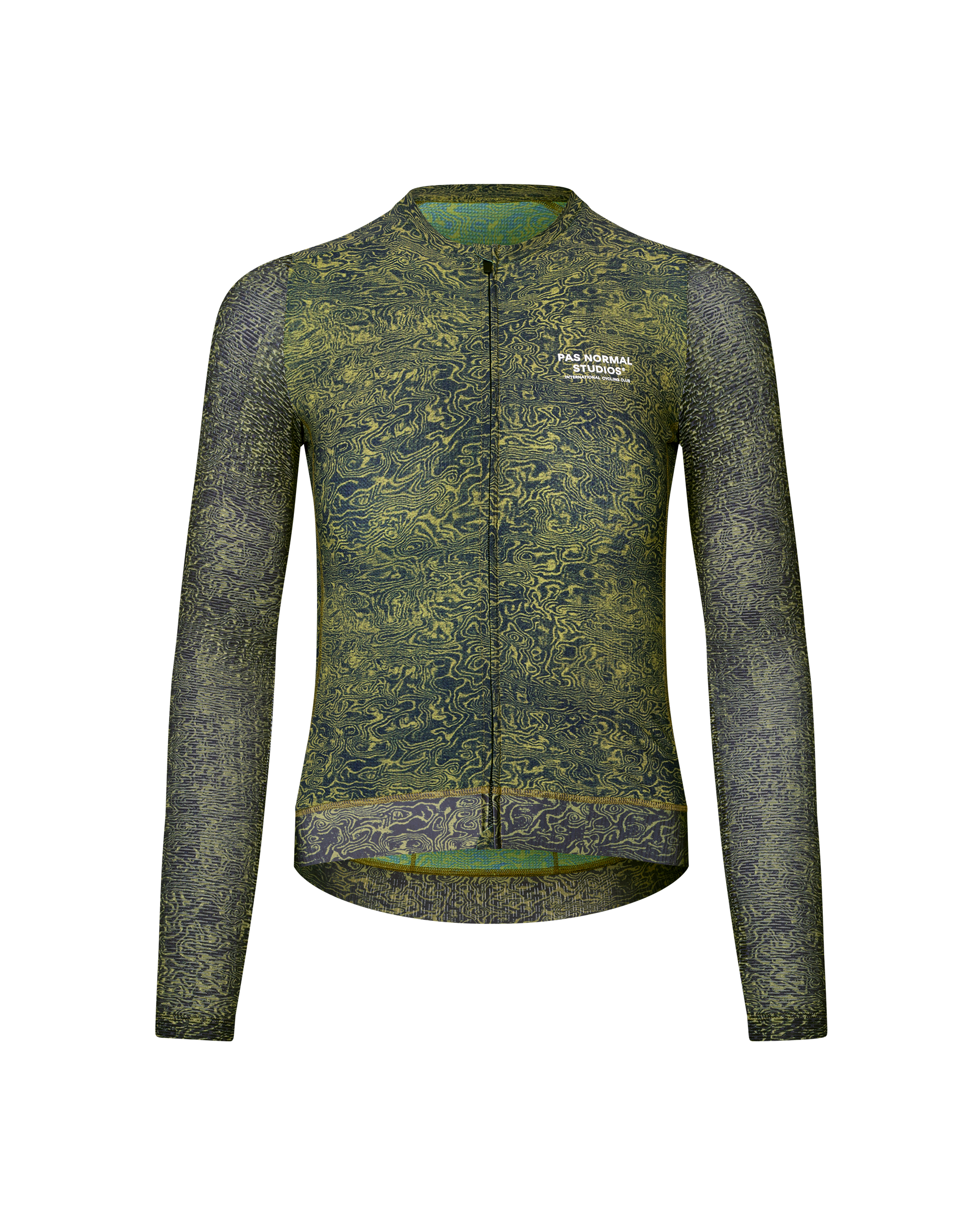 Dark Lime Essential long sleeve cycling jersey, front flat lay with swirl AOP and white chest logo