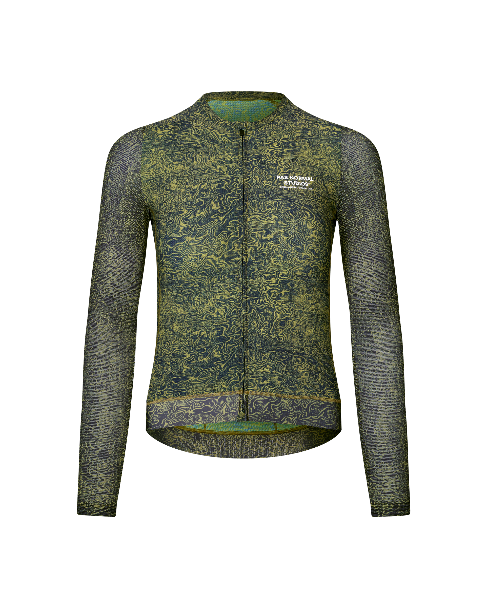 Dark Lime Essential long sleeve cycling jersey, front flat lay with swirl AOP and white chest logo
