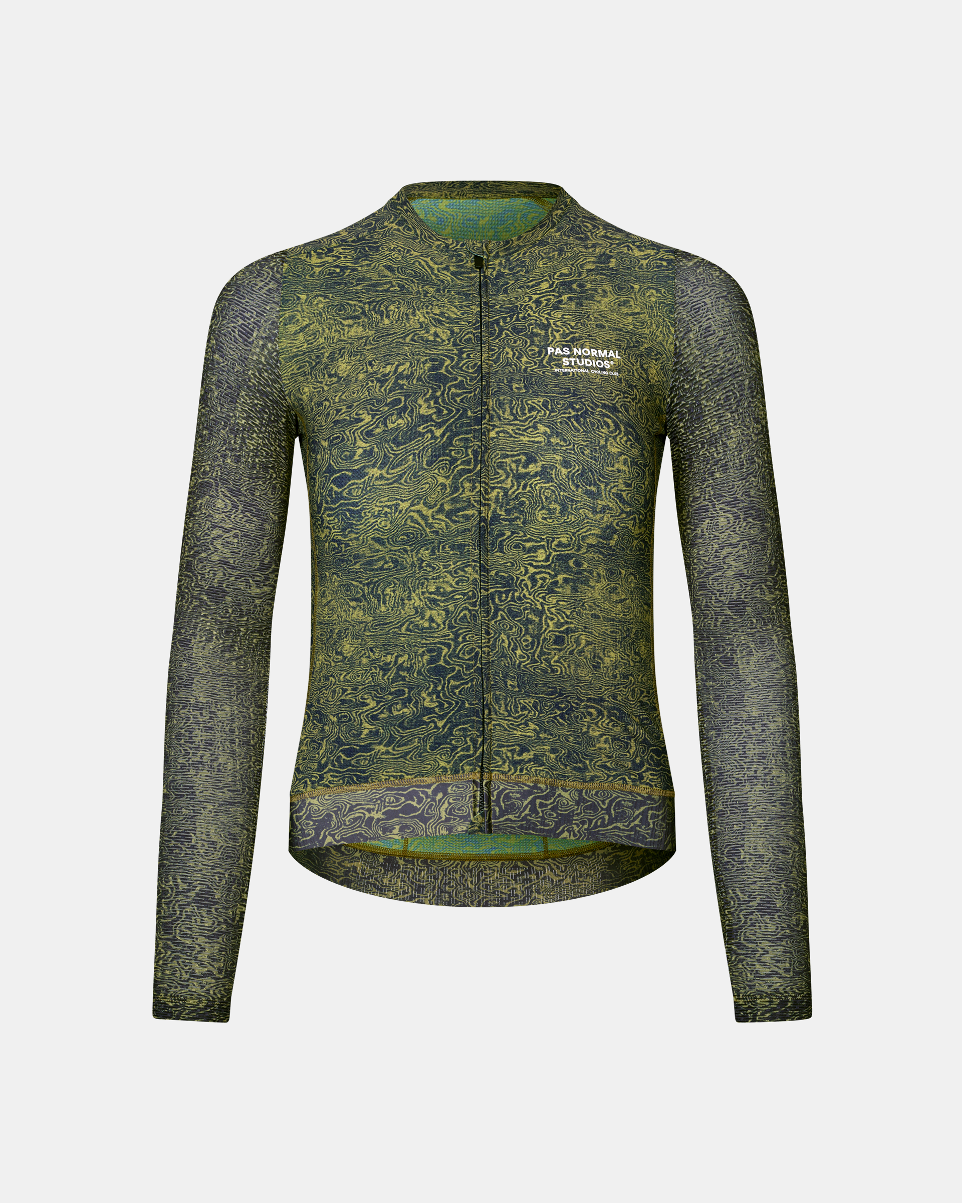 Dark Lime Essential long sleeve cycling jersey, front flat lay with swirl AOP and white chest logo