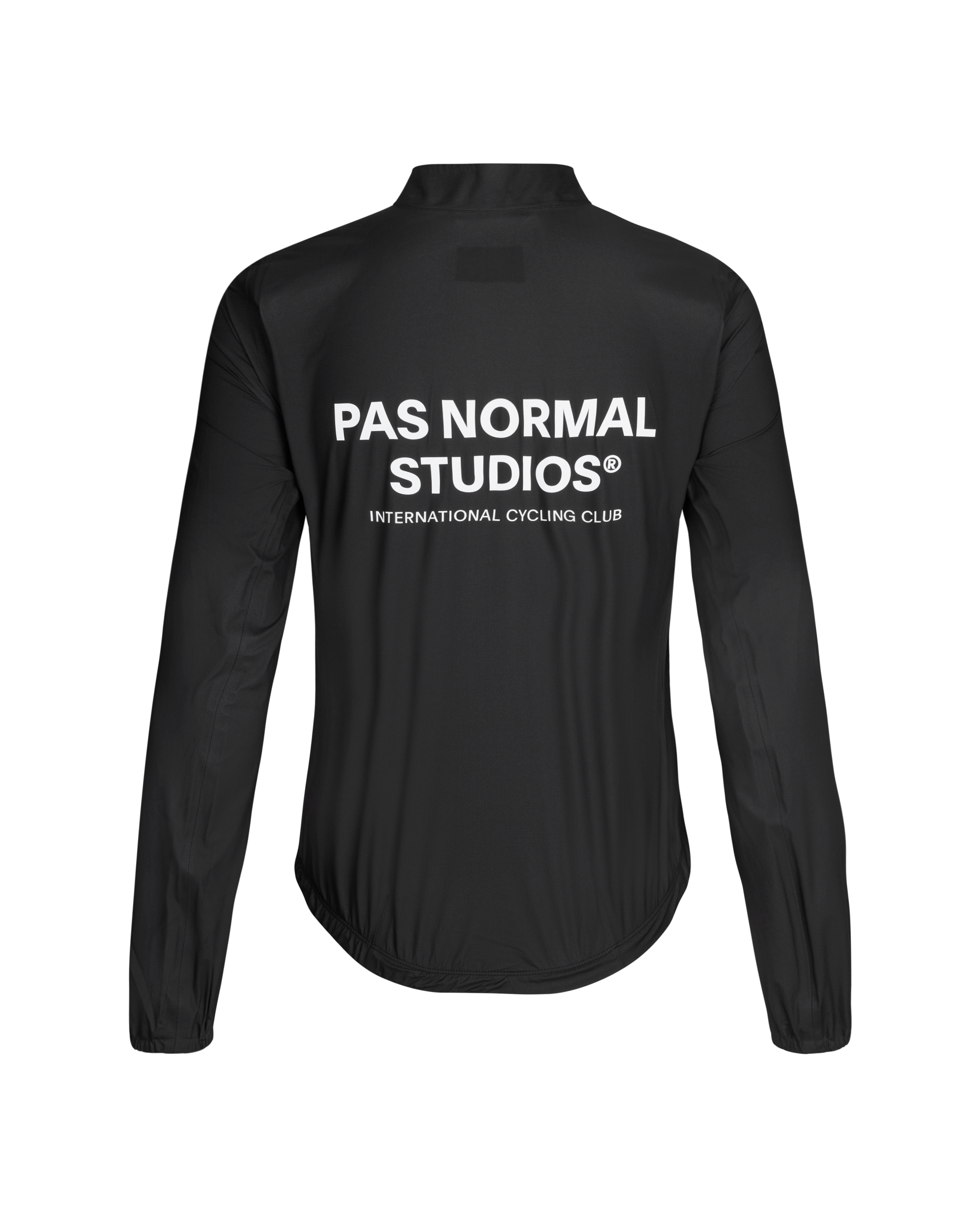 Black Mechanism Pertex Rain cycling jacket, rear view with white brand text