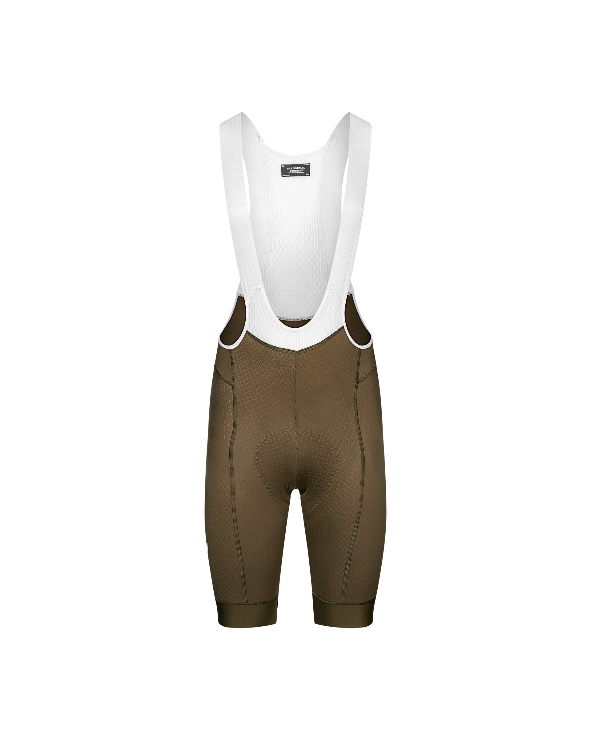 Brown Mechanism cycling bibs, front flat lay with white mesh bib straps