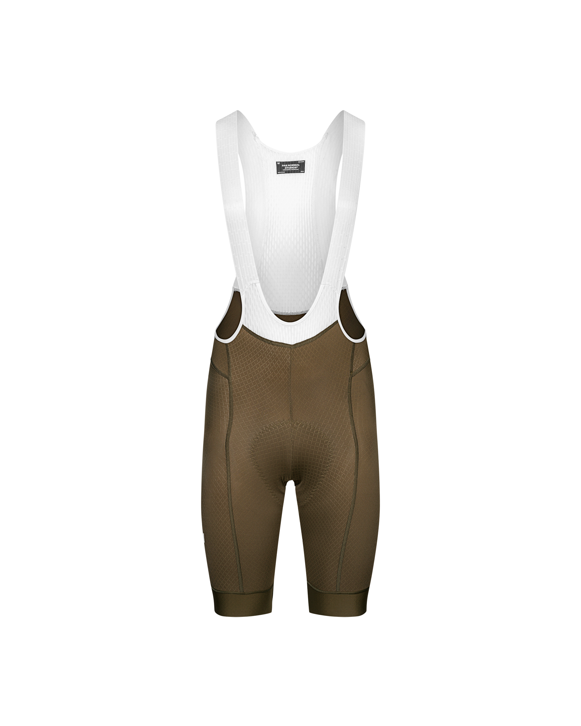 Brown Mechanism cycling bibs, front flat lay with white mesh bib straps