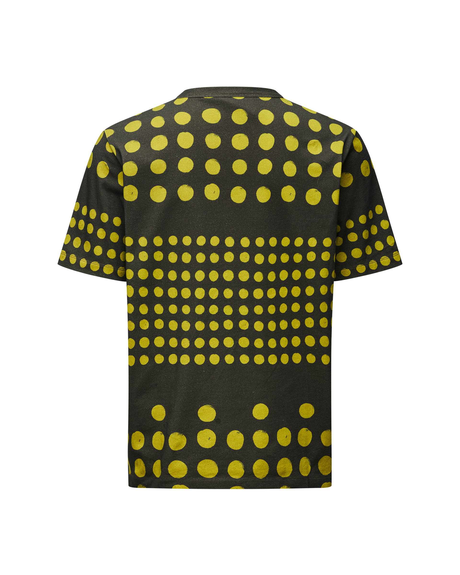Black Off-Race Graphic t-shirt, rear view with yellow polka dot pattern