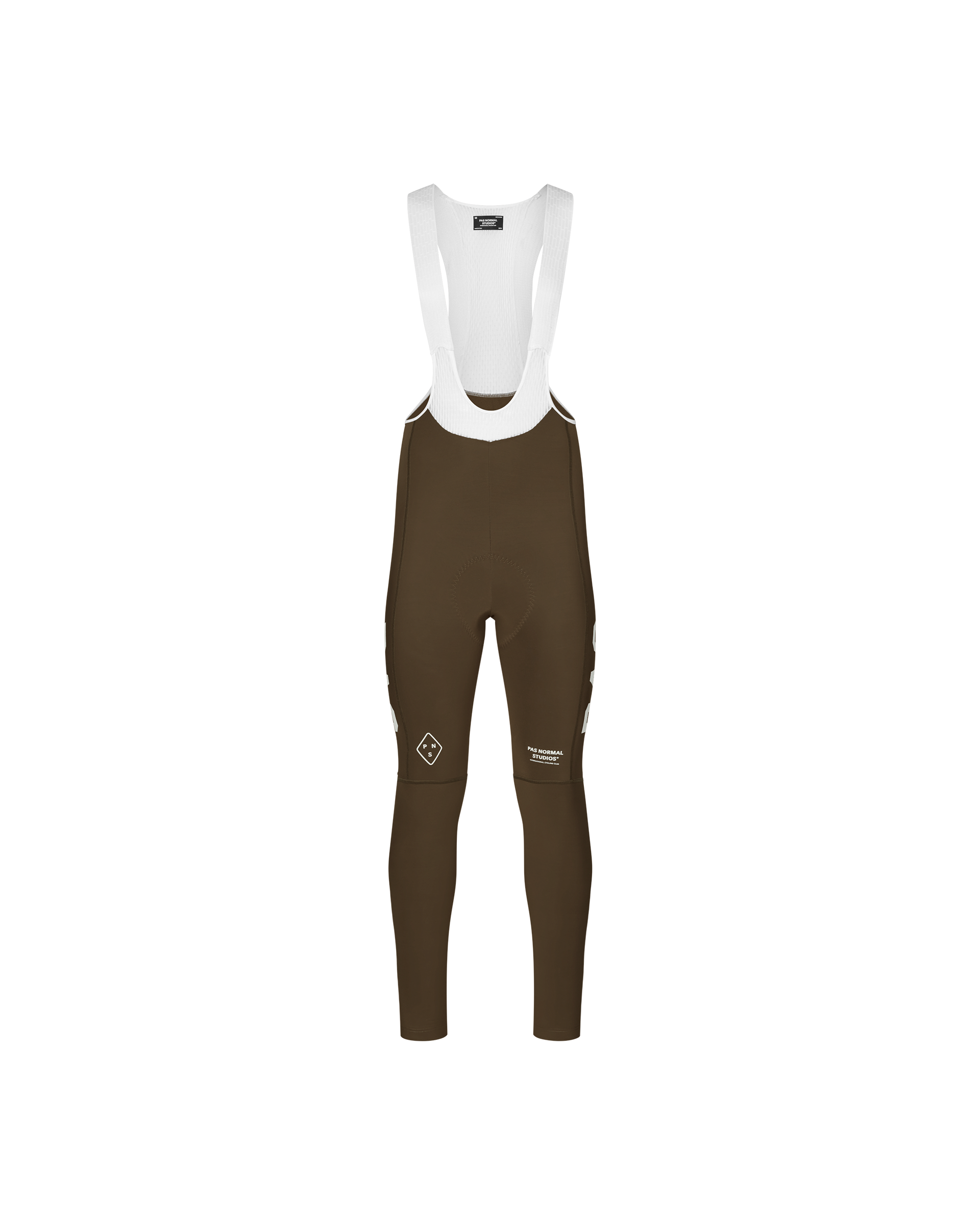 Dark Earth brown PAS Mechanism Thermal Long cycling bib tights, front flat lay with white mesh straps and diamond logo print