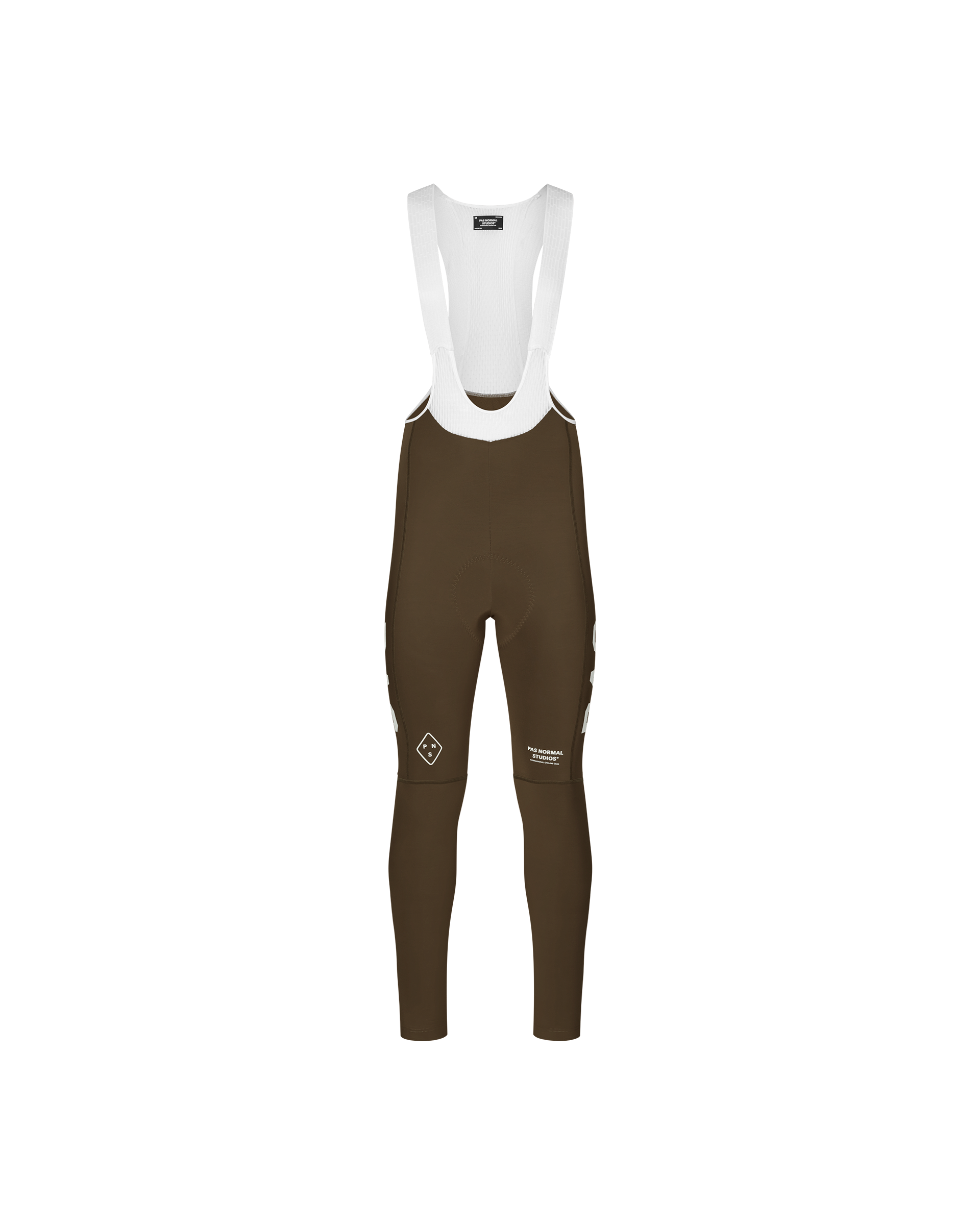 Dark Earth brown PAS Mechanism Thermal Long cycling bib tights, front flat lay with white mesh straps and diamond logo print