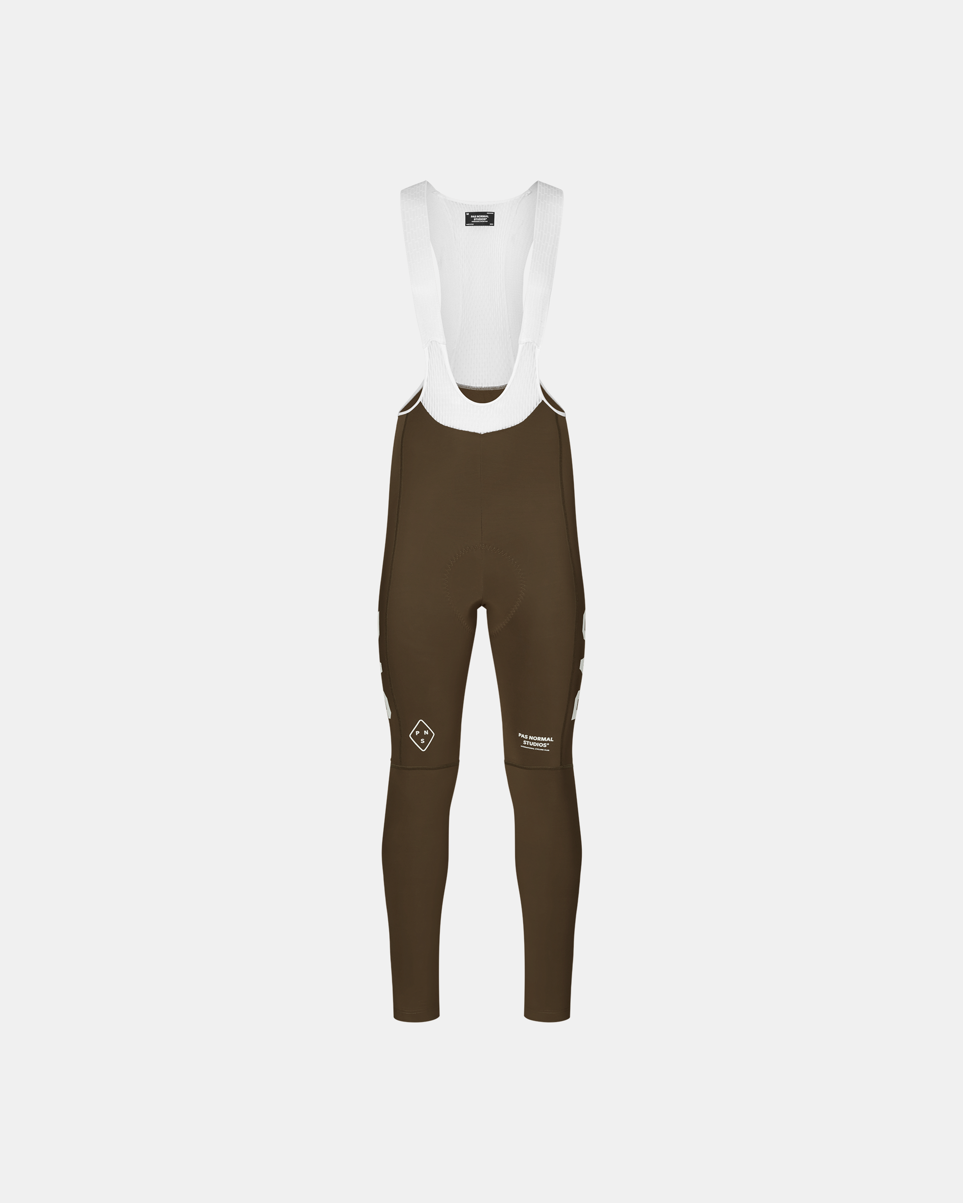 Dark Earth brown PAS Mechanism Thermal Long cycling bib tights, front flat lay with white mesh straps and diamond logo print
