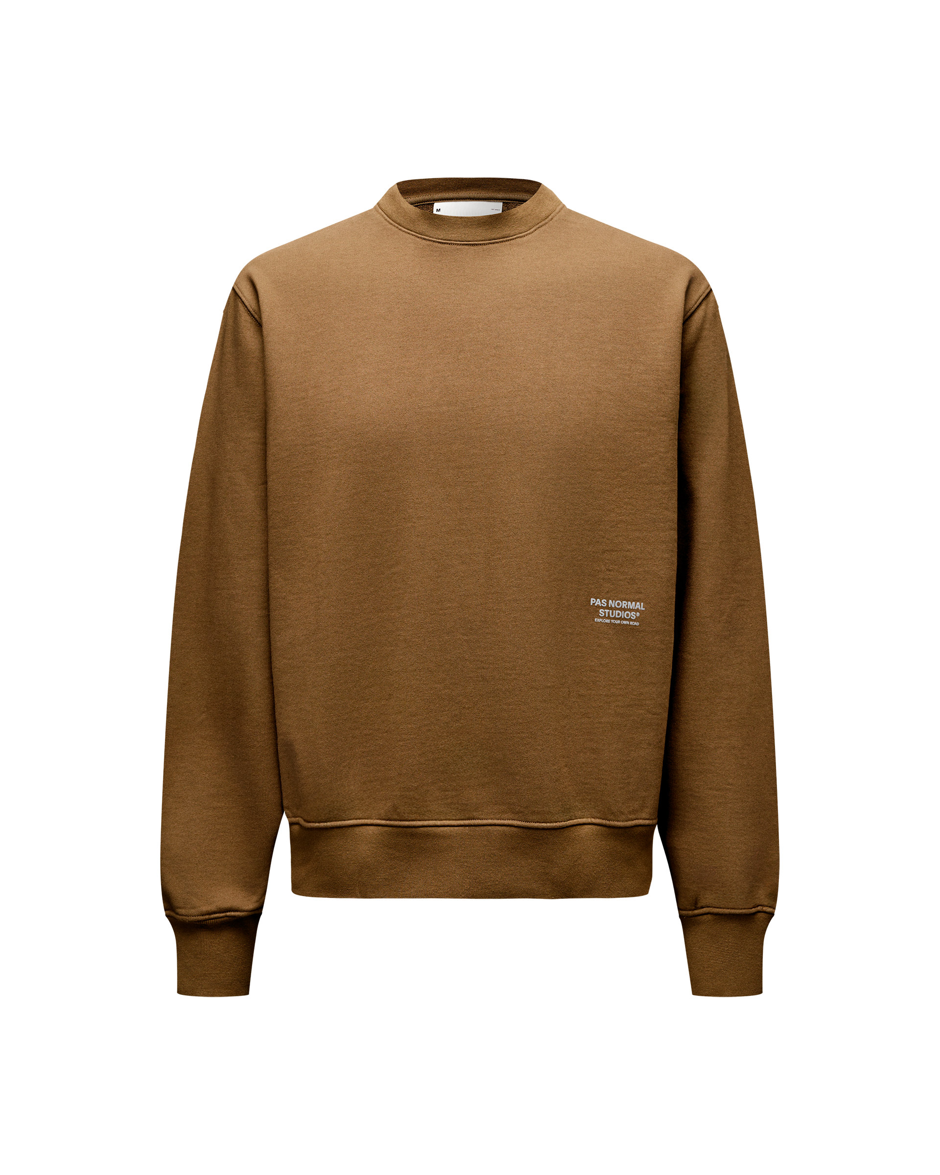 Wood brown Off-Race sweatshirt, front flat lay with small chest logo print