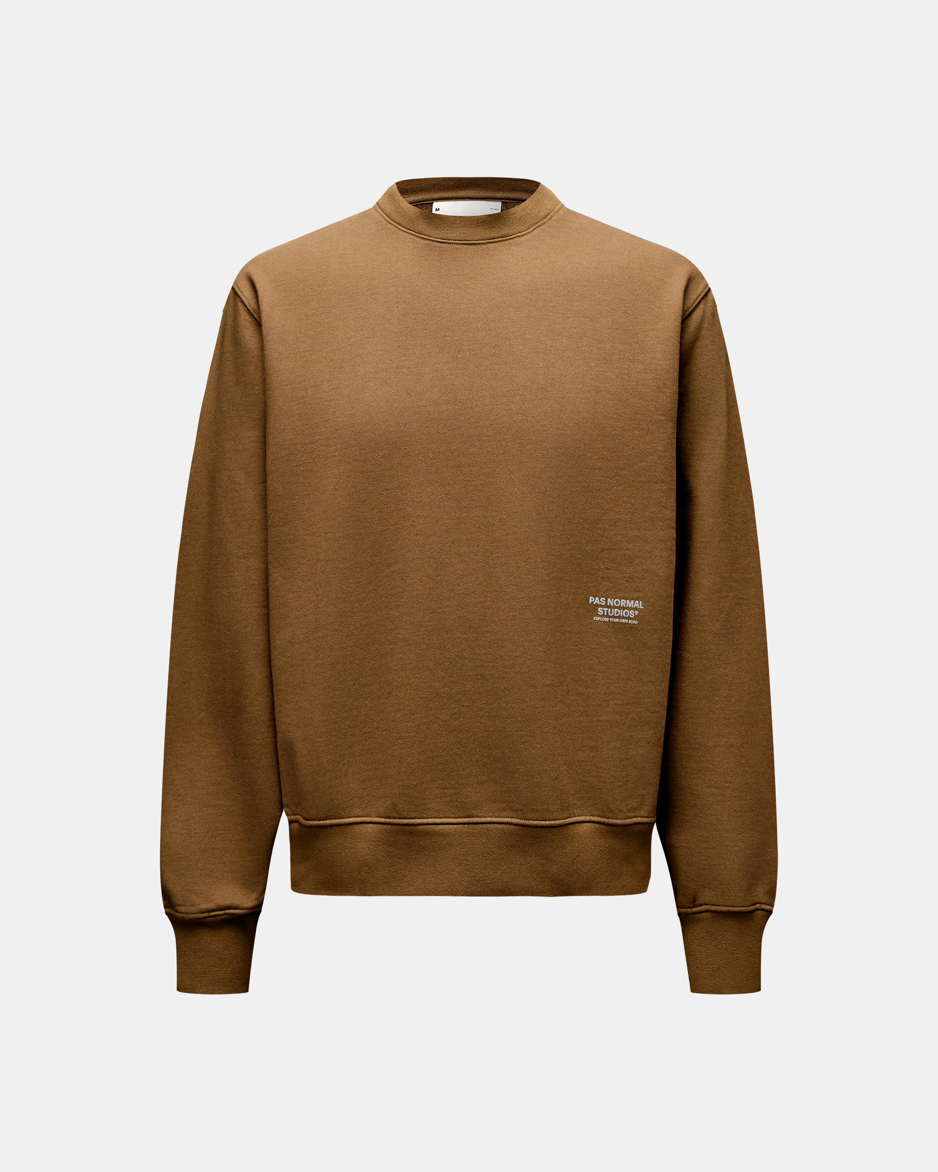 Wood brown Off-Race sweatshirt, front flat lay with small chest logo print