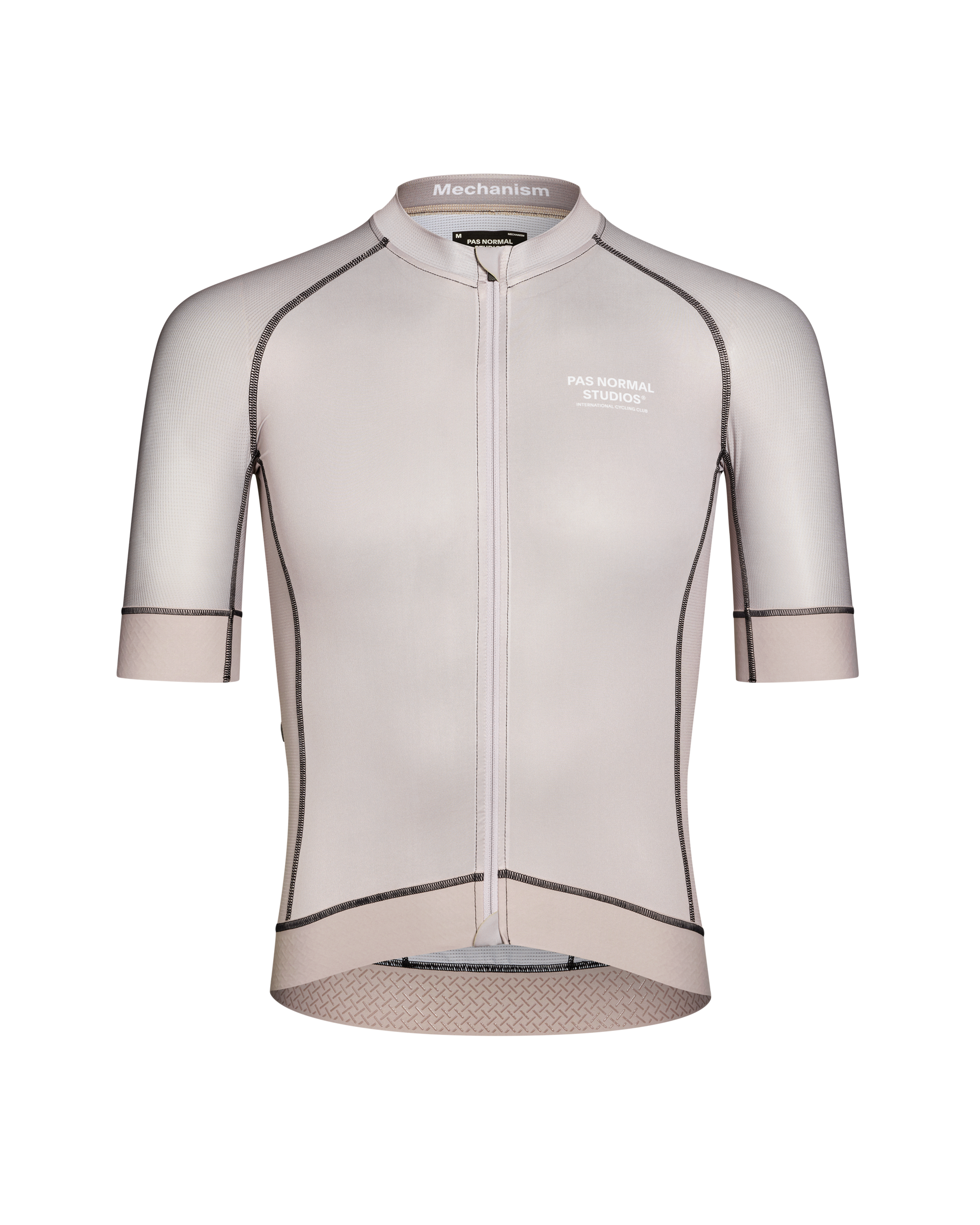 Haze Mechanism cycling jersey front view with dark contrast stitching and textured rear hem