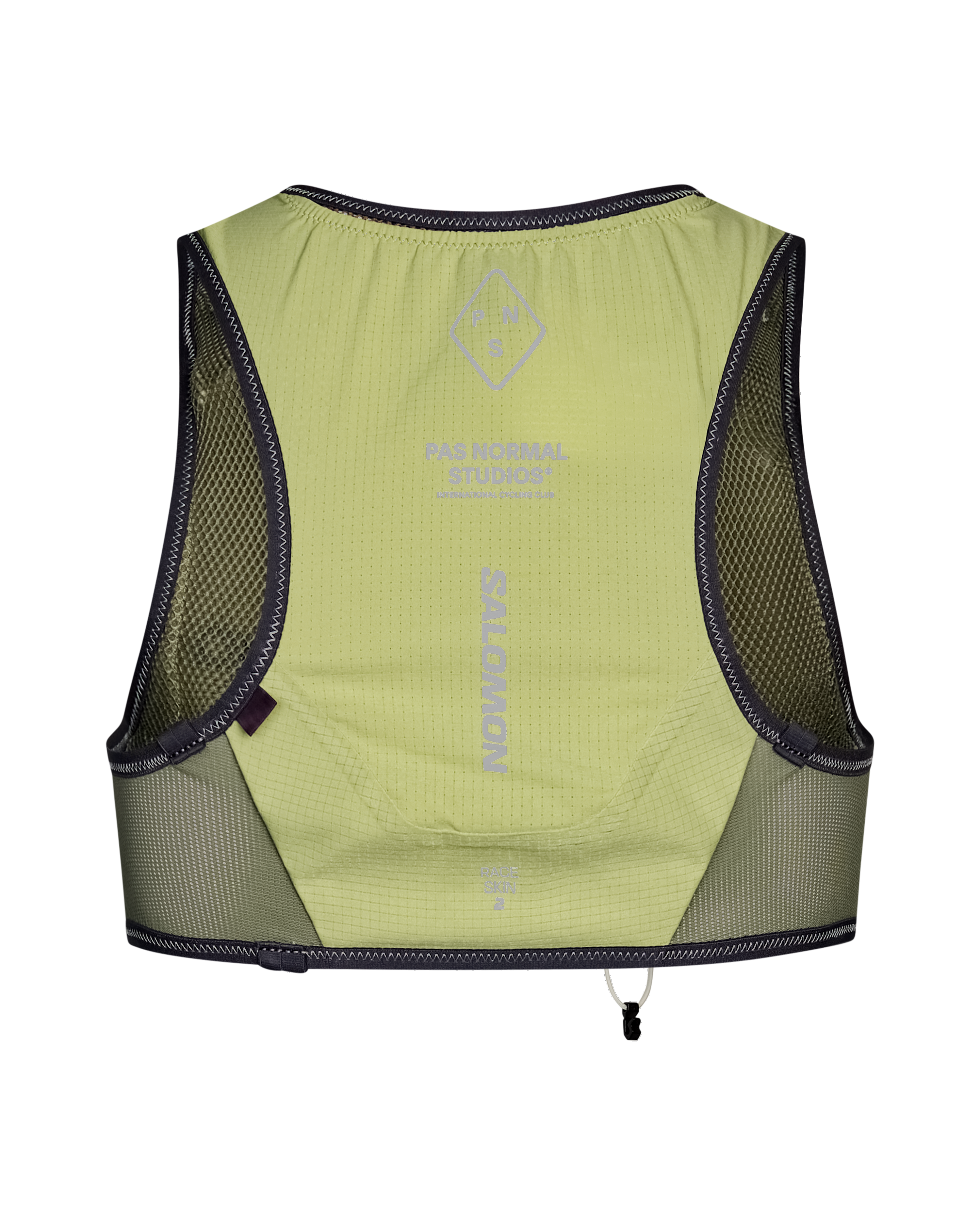 Green Salomon Race Skin 2 vest, rear flat lay with mesh side panels