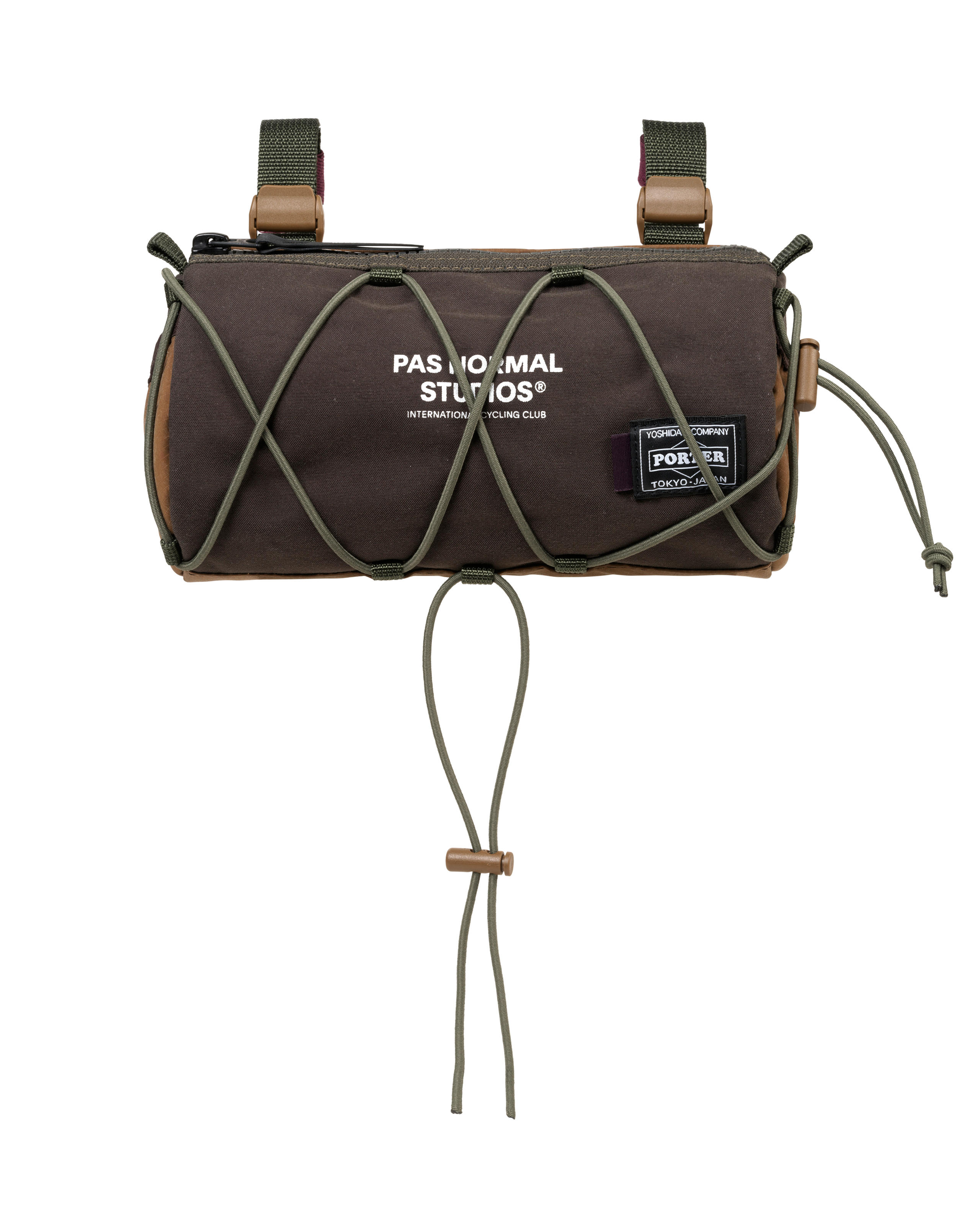 Light Brown Porter-Yoshida handlebar bag, front view with olive bungee cord lacing and white chest logo