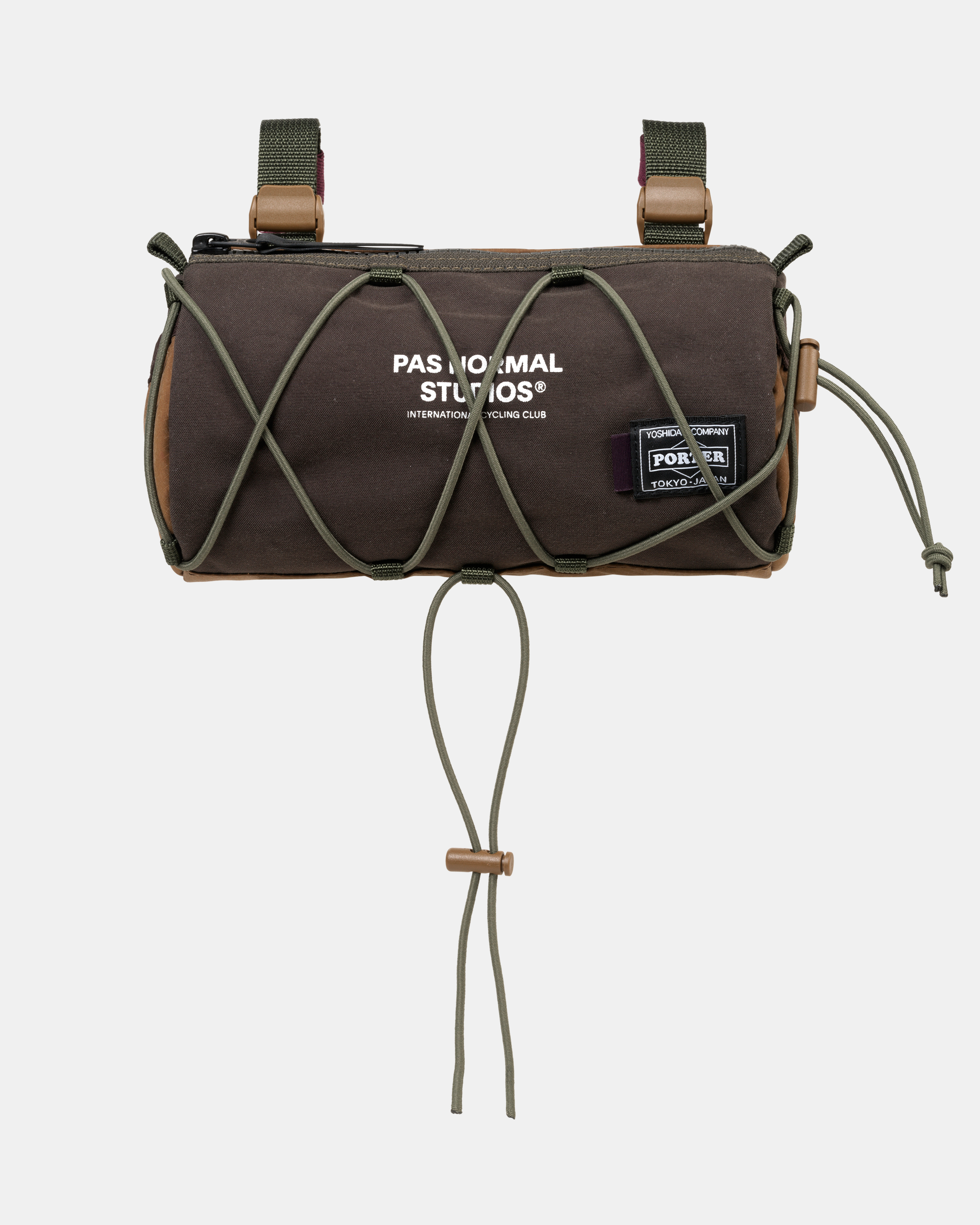 Light Brown Porter-Yoshida handlebar bag, front view with olive bungee cord lacing and white chest logo