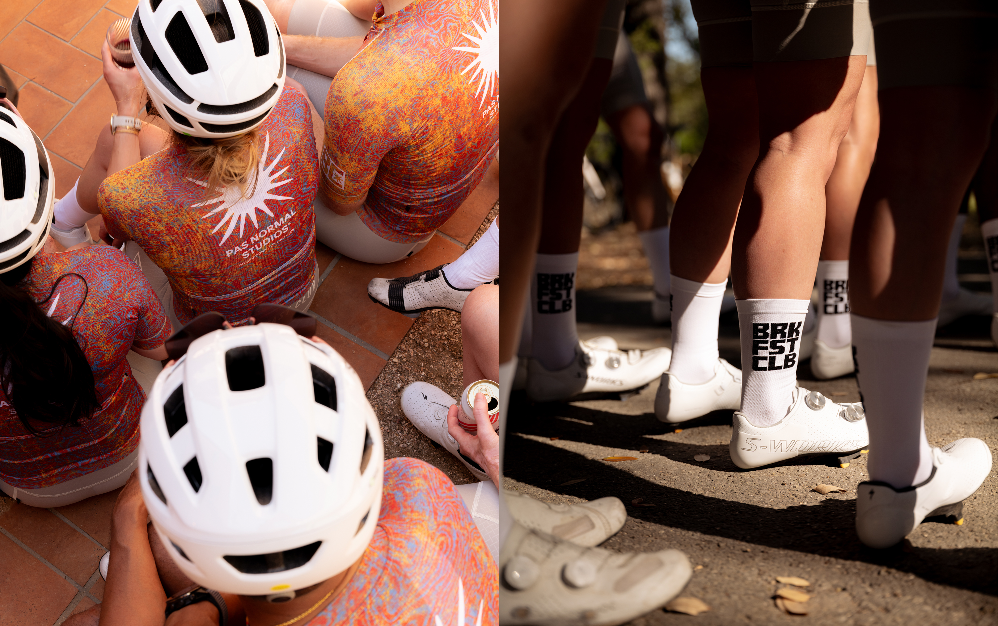 Models wearing orange patterned cycling jerseys and shorts with white helmets, and white cycling socks with text