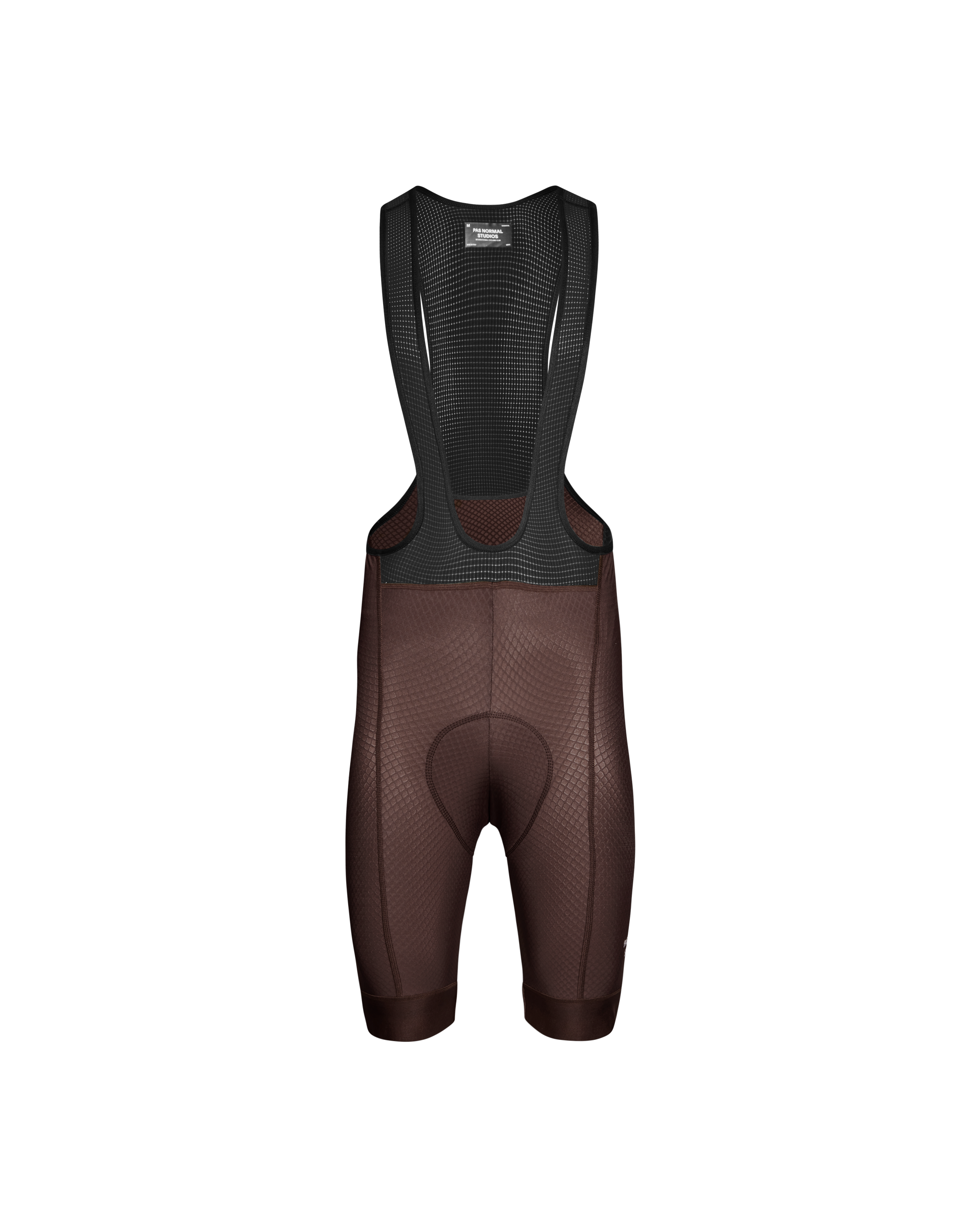 Light Brown Essential cycling bibs, front flat lay with mesh bib and chamois pad