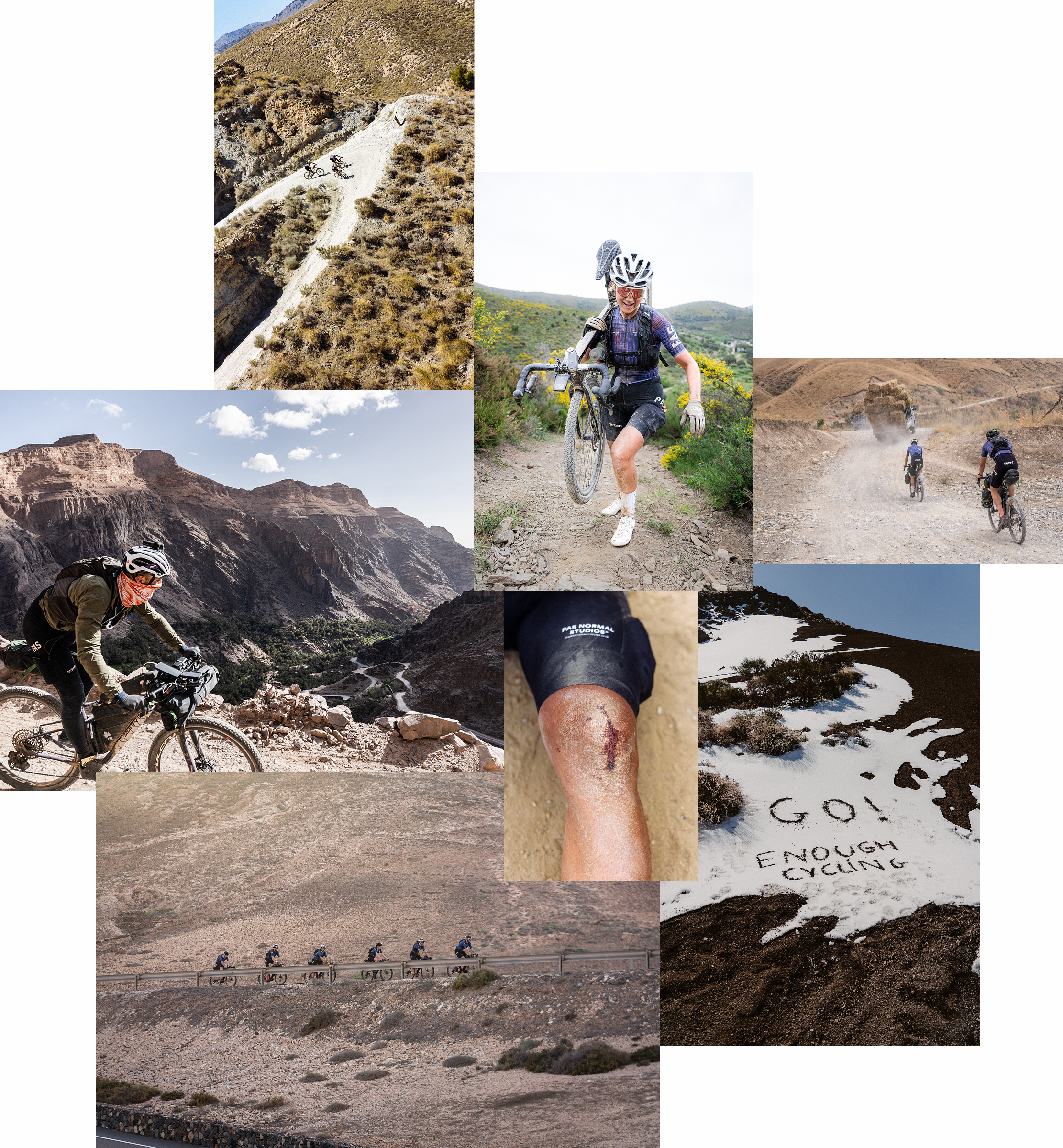 Collage of cycling scenes including desert terrain, model carrying bike uphill, gravel riders, and snowy mountain landscape