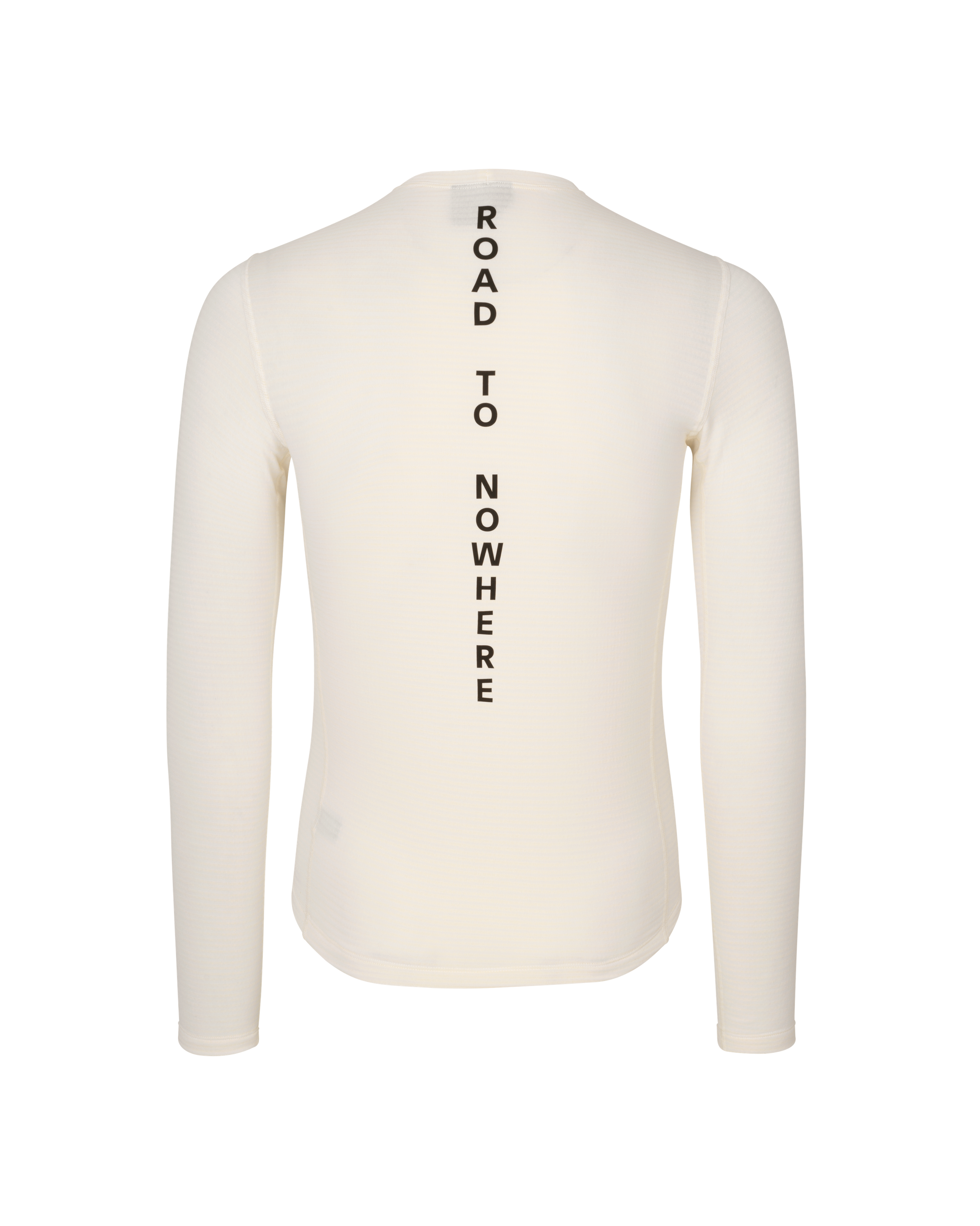 Off White Mid Long Sleeve base layer, rear view with vertical black "ROAD TO NOWHERE" text