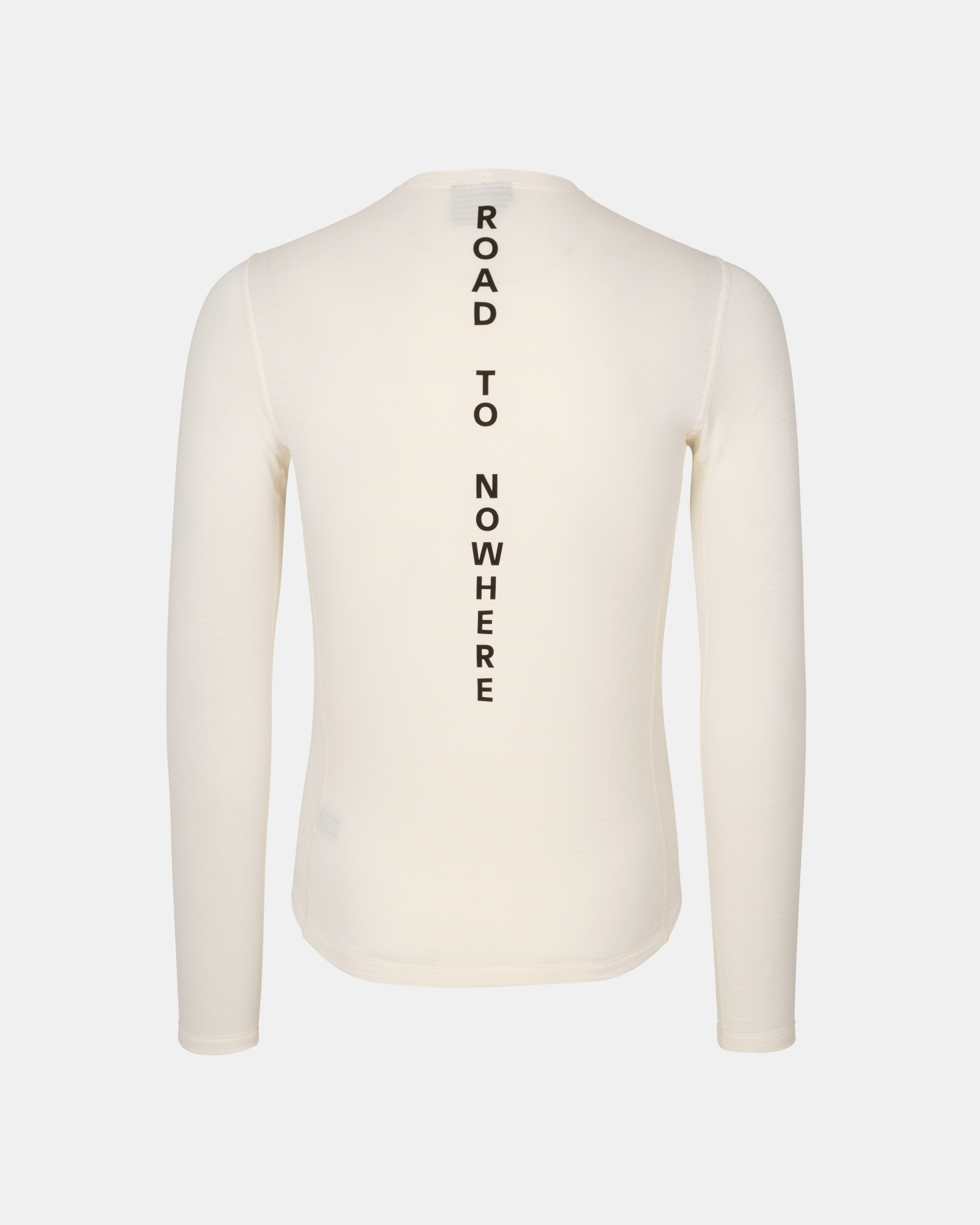 Off White Mid Long Sleeve base layer, rear view with vertical black "ROAD TO NOWHERE" text