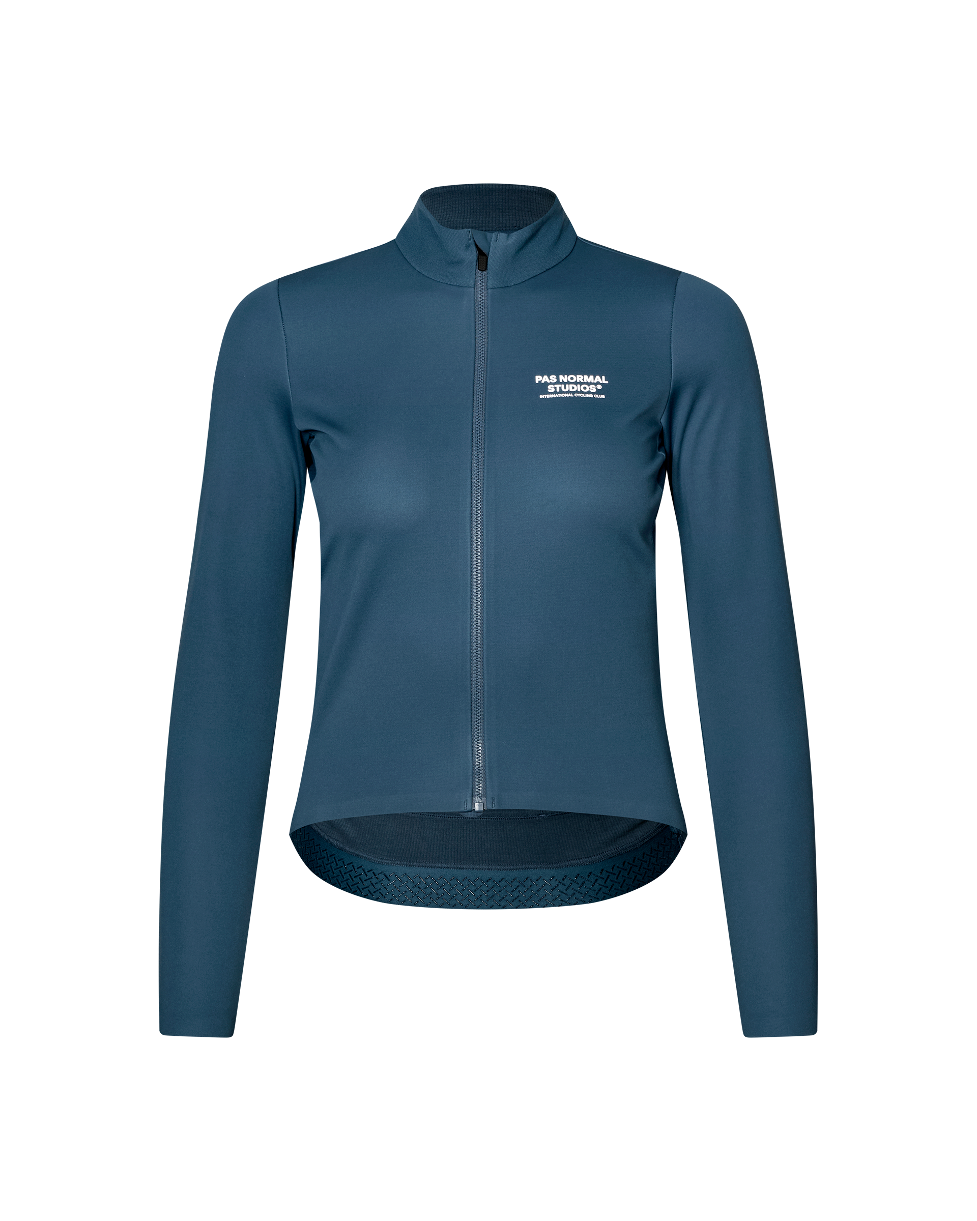 Denim Blue Mechanism women's thermal long sleeve cycling jersey, front flat lay with white chest logo