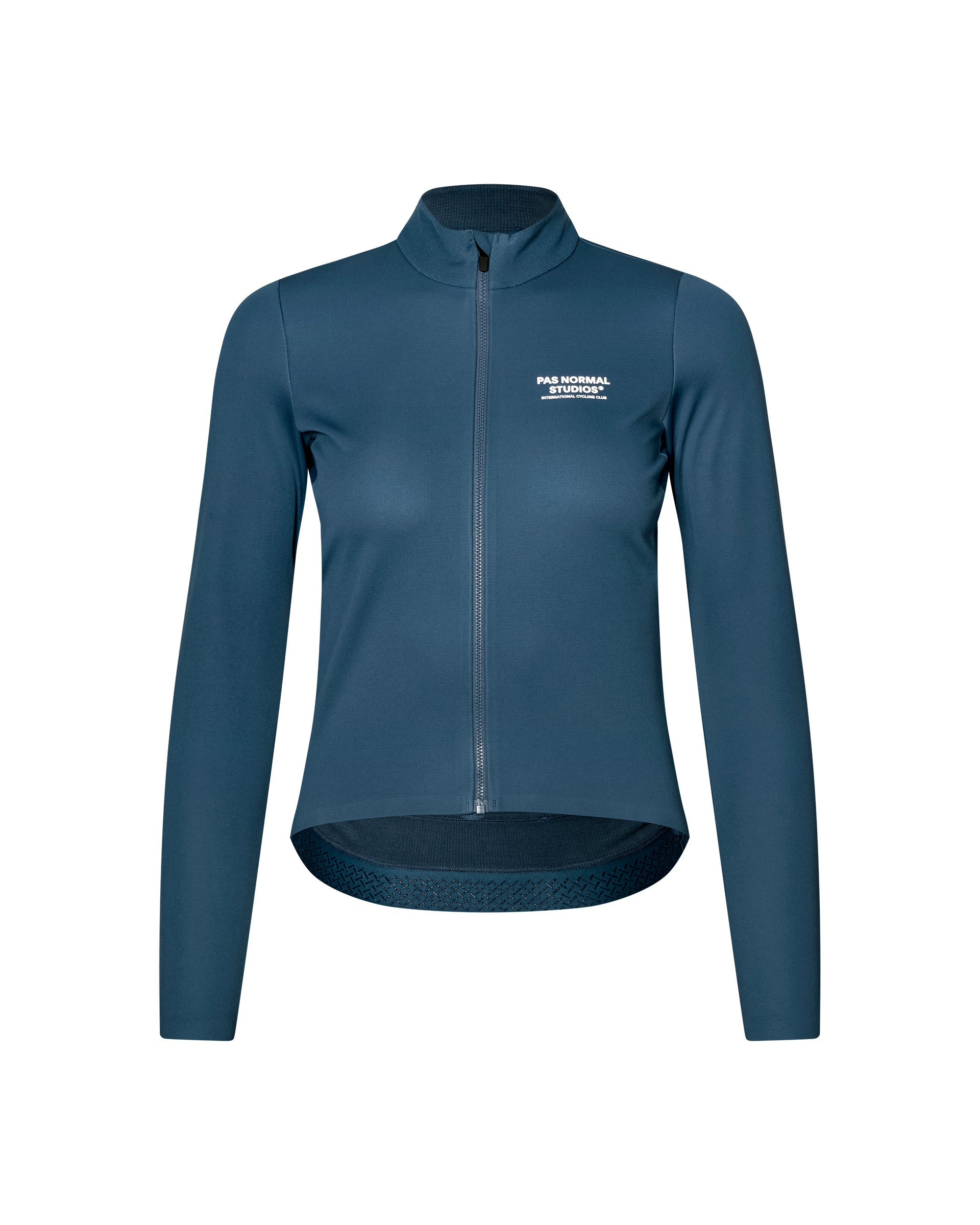 Denim Blue Mechanism women's thermal long sleeve cycling jersey, front flat lay with white chest logo