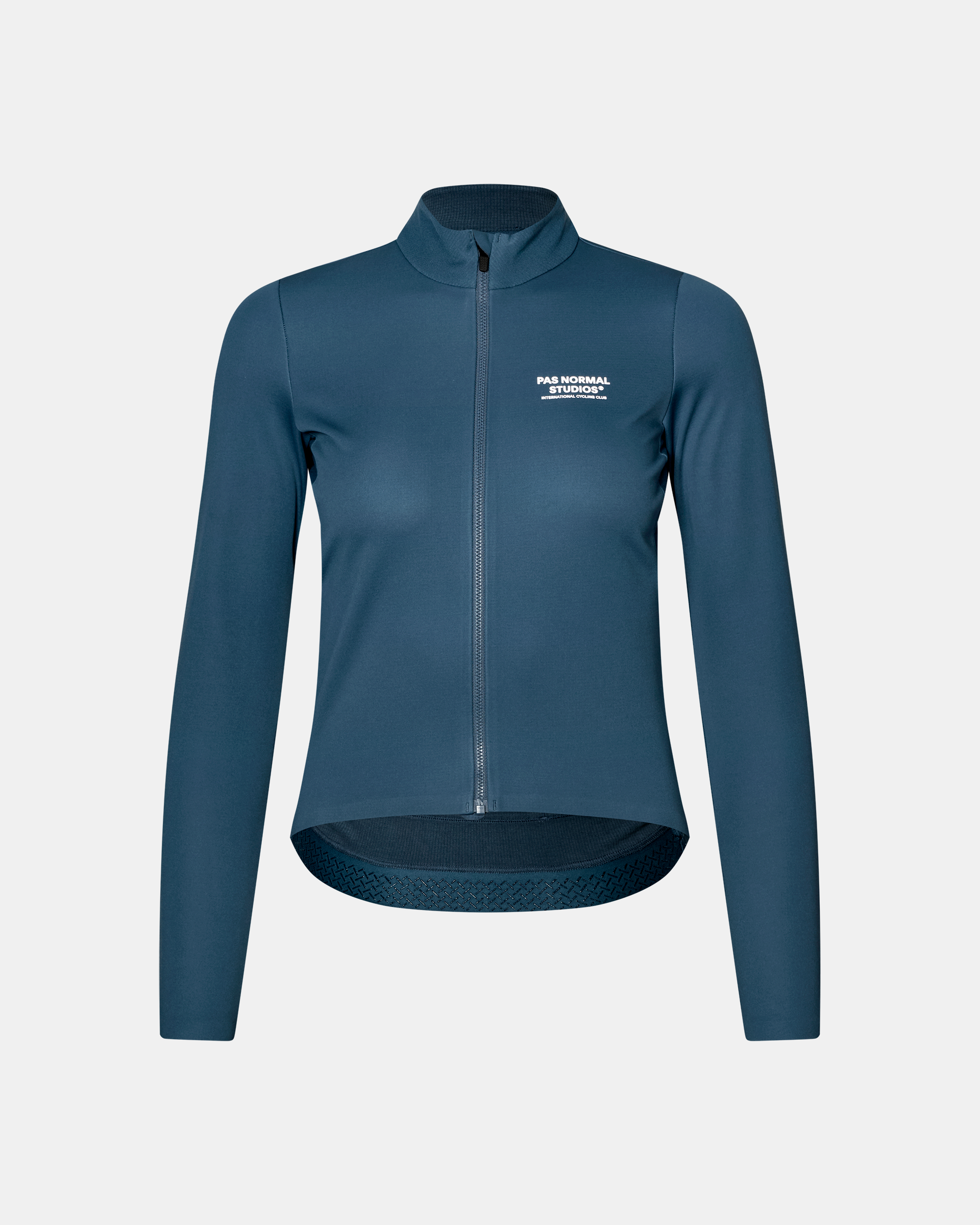 Denim Blue Mechanism women's thermal long sleeve cycling jersey, front flat lay with white chest logo