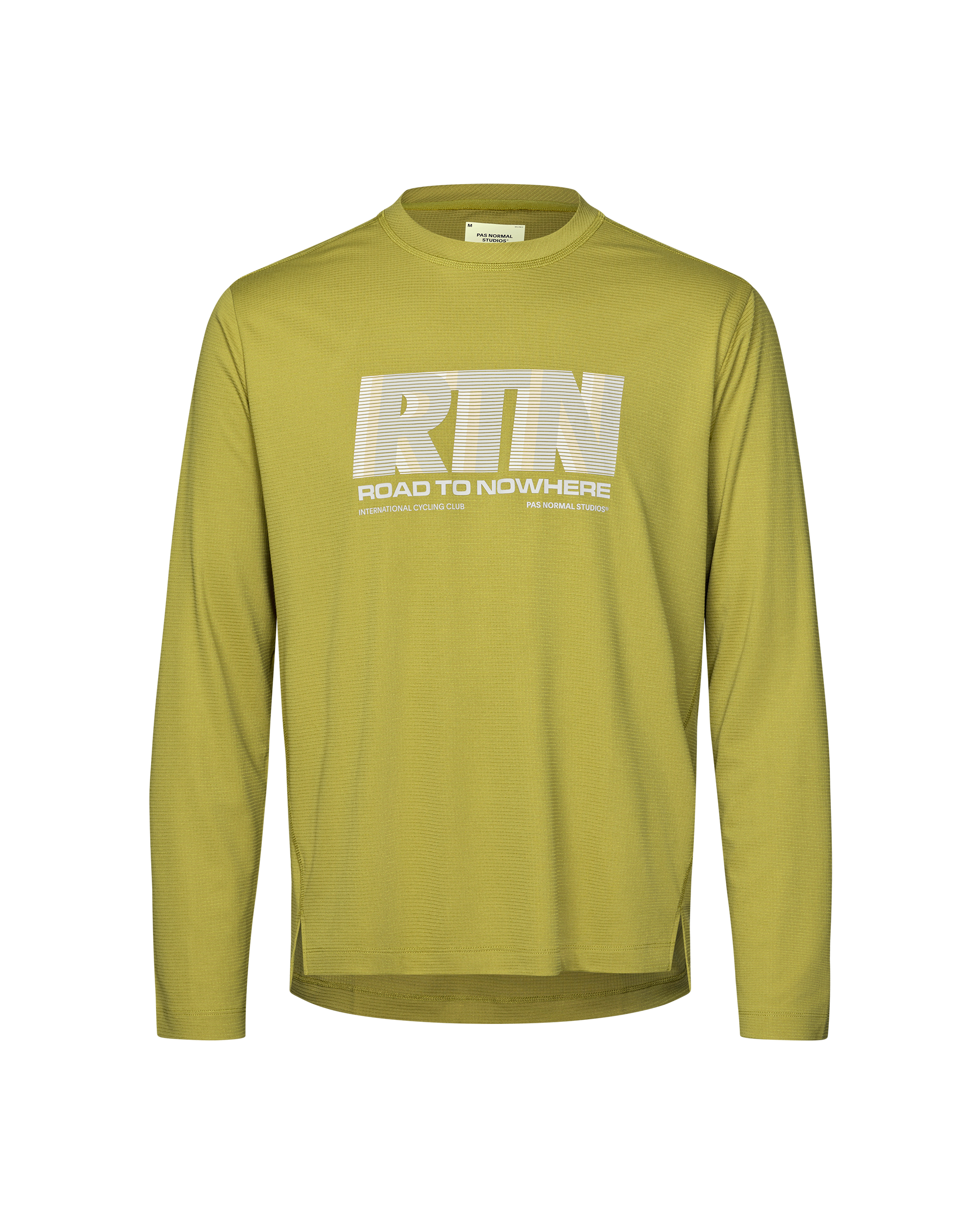 Dark Lime Balance long sleeve T-shirt, front flat lay with white RTN Road to Nowhere chest graphic