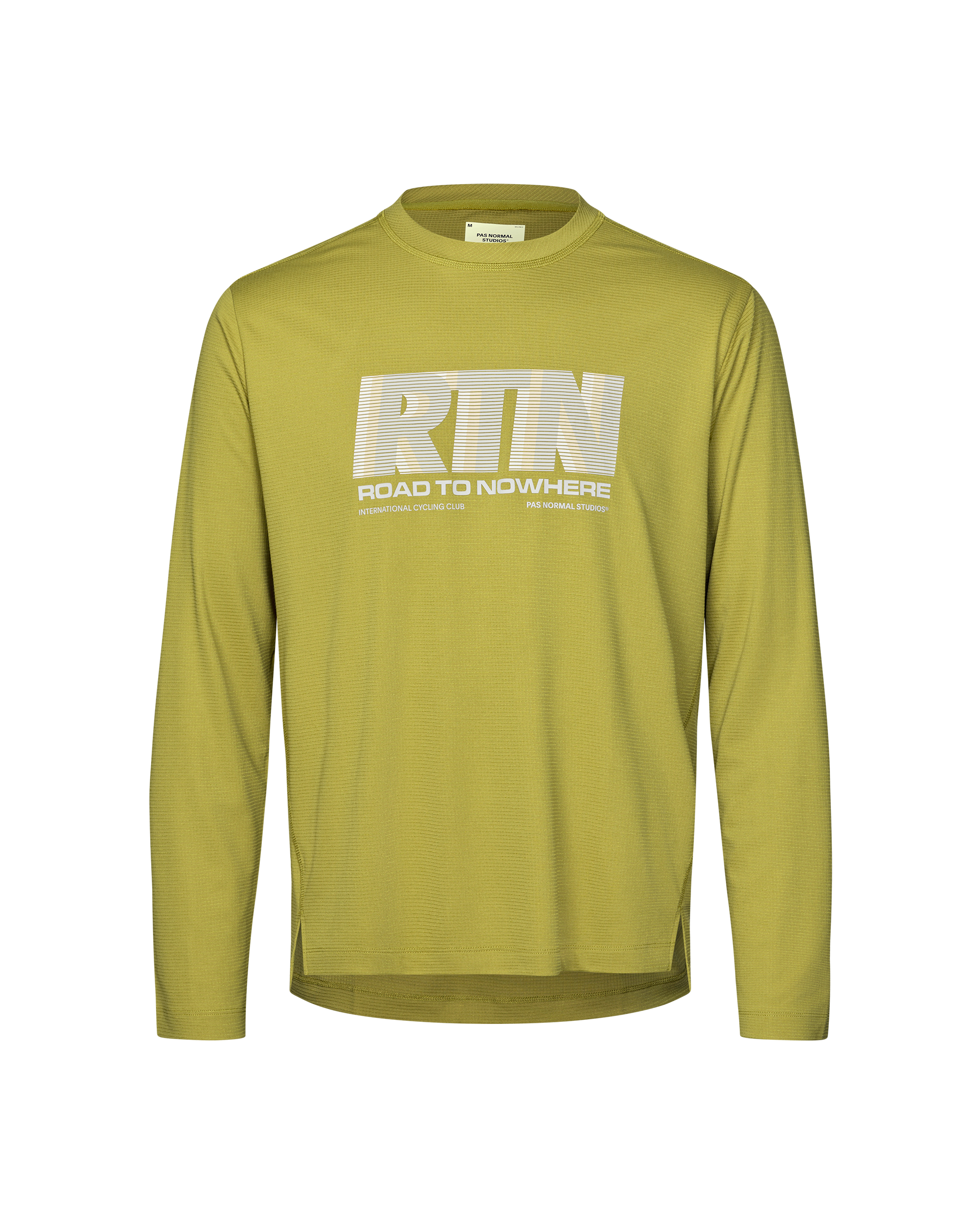 Dark Lime Balance long sleeve T-shirt, front flat lay with white RTN Road to Nowhere chest graphic
