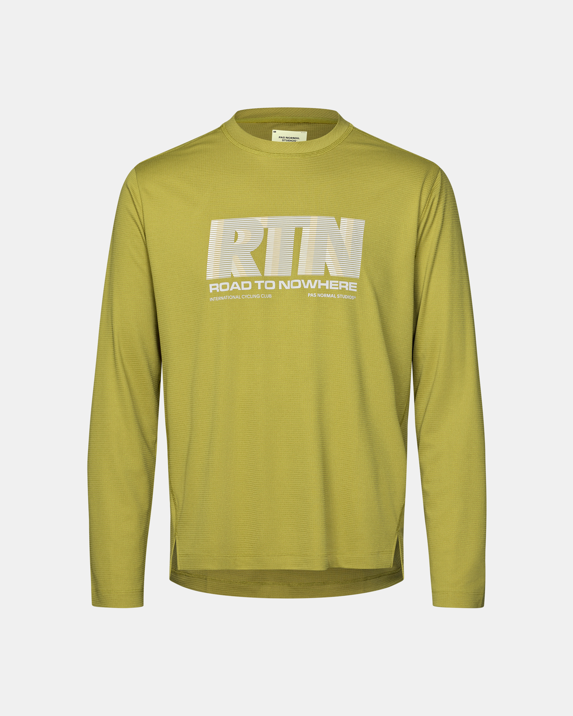 Dark Lime Balance long sleeve T-shirt, front flat lay with white RTN Road to Nowhere chest graphic