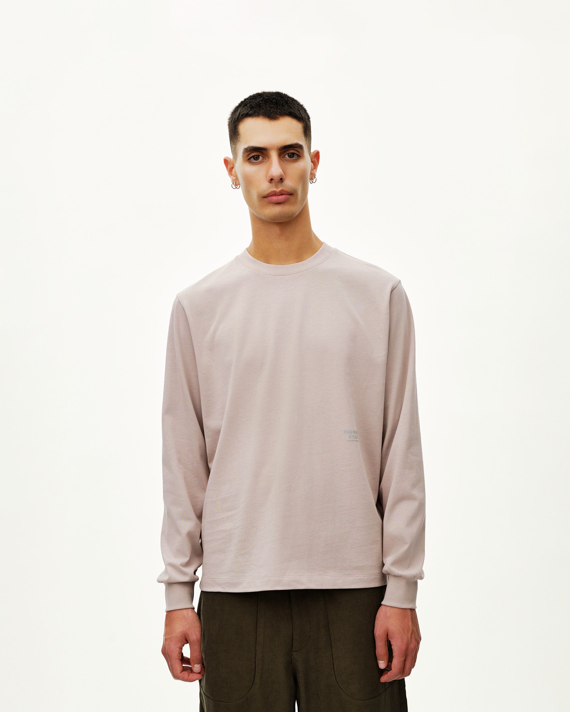 Haze purple Off-Race Long Sleeve Graphic T-shirt on model, front view with small chest print
